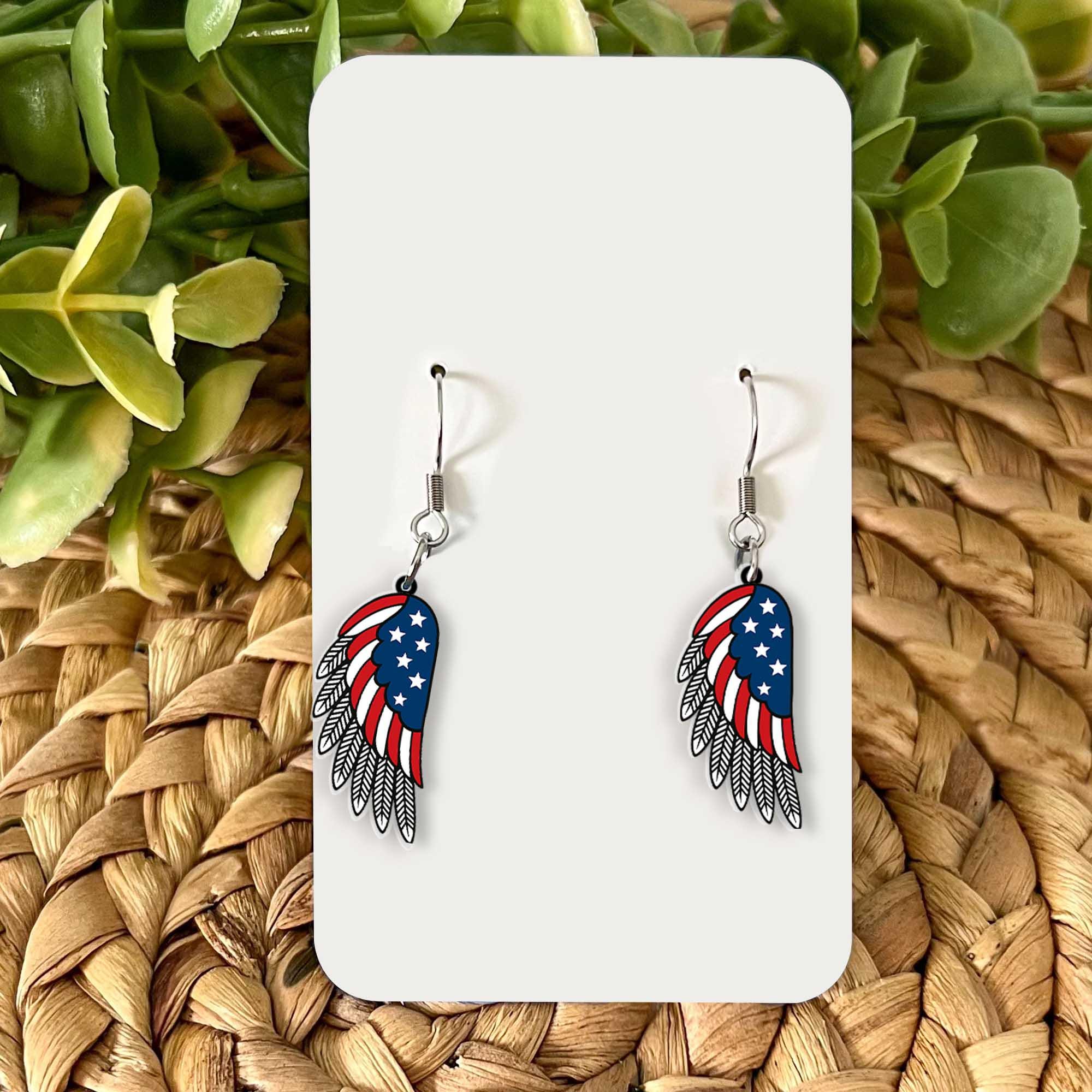 Patriotic Wings Earrings, USA Flag Jewelry, Angel Wing Earrings, 4th of July Accessories, Red White Blue Earrings, American Pride