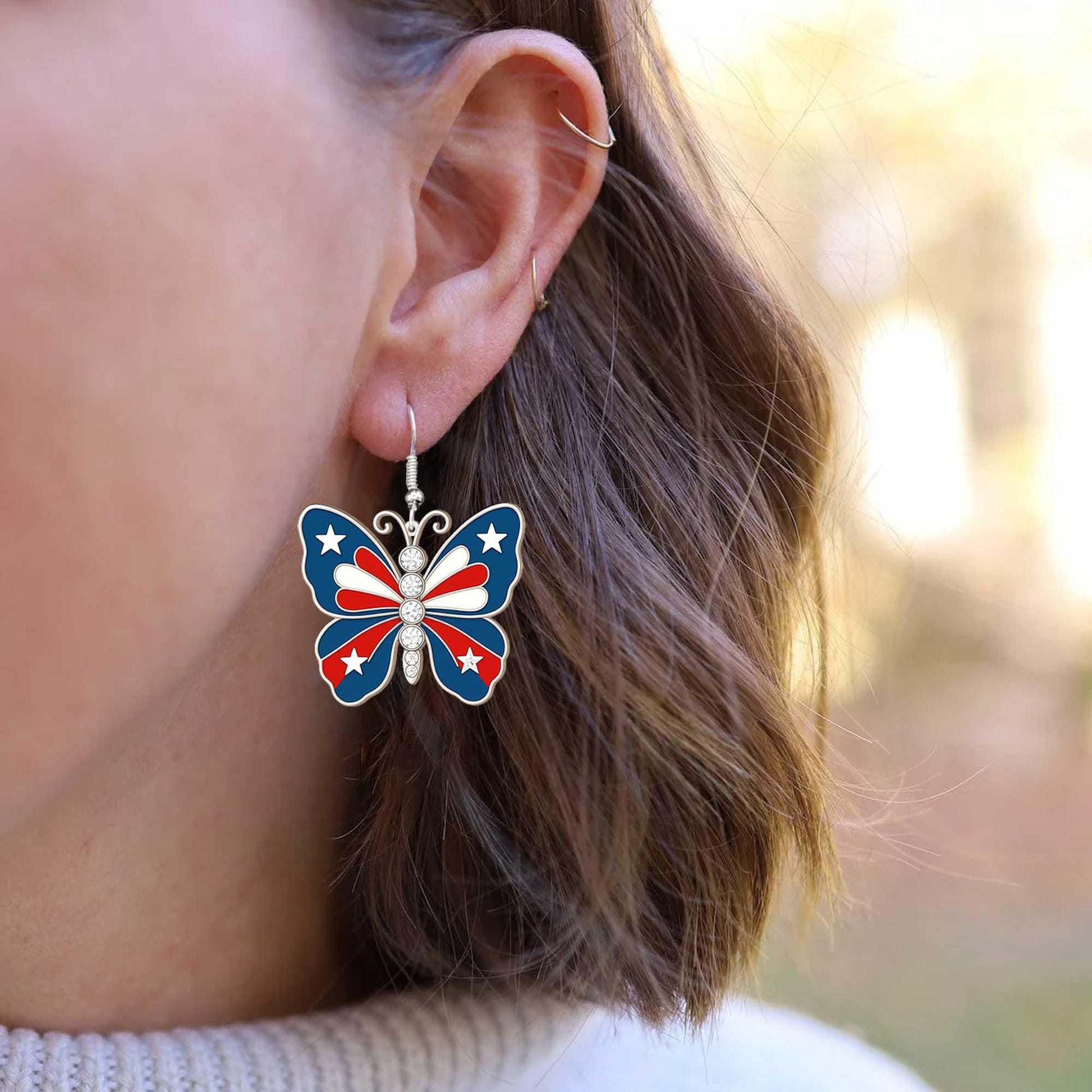 Patriotic Butterfly Earrings, USA Flag Jewelry, Red White Blue Earrings, 4th of July Gift, American Pride Accessory, Summer Style