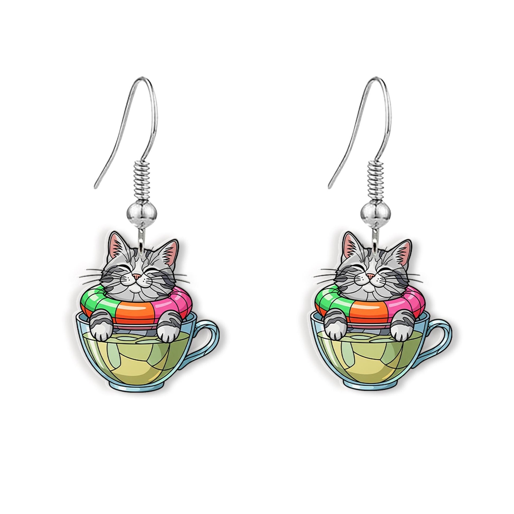 Cat in Teacup Earrings – Cute Kitty Summer Float Dangle Jewelry – Funny Cat Lover Gift – Whimsical Tea Time Accessory