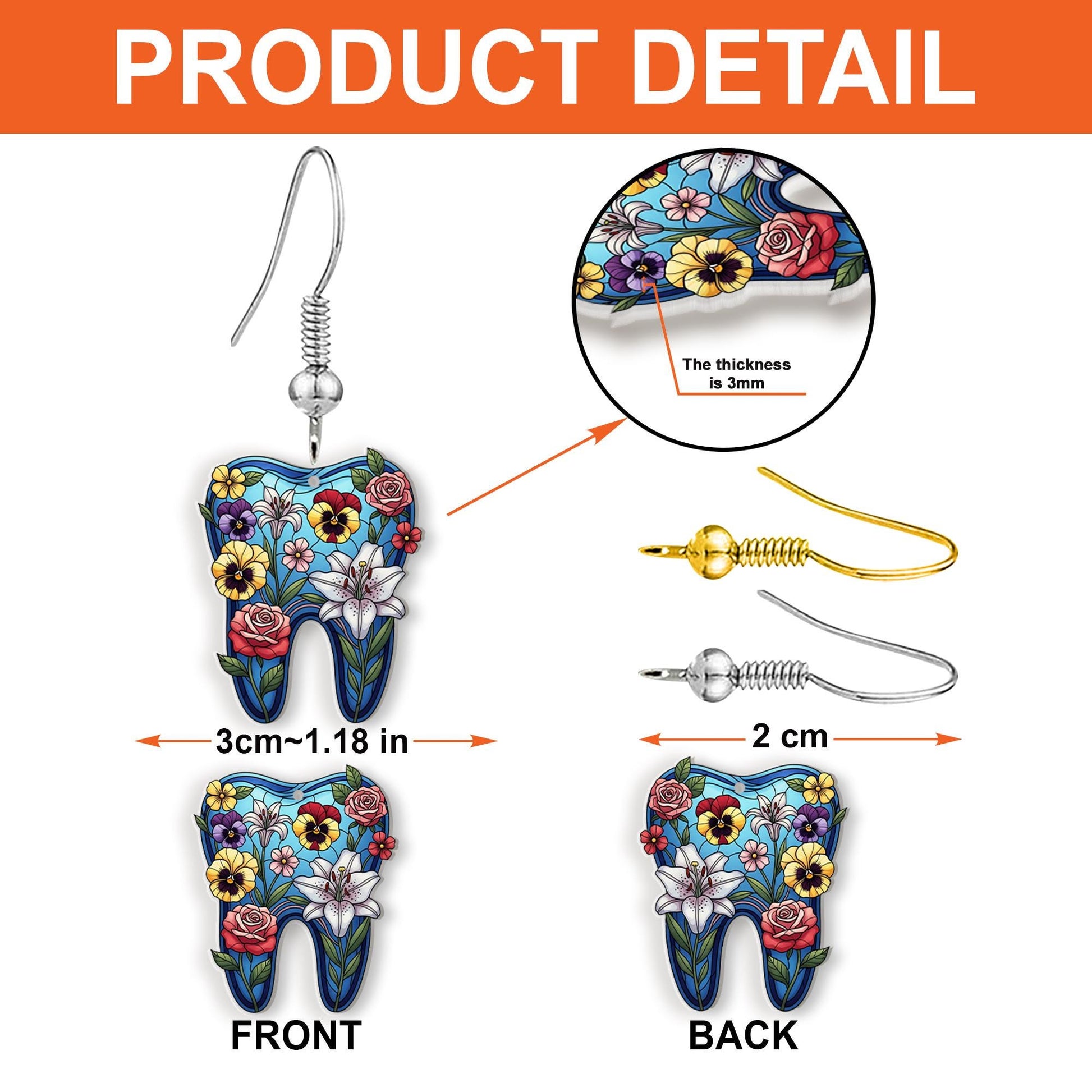 Floral Tooth Earrings – Cute Dentist Gift Jewelry – Tooth-Shaped Dangle Earrings with Flowers – Hygienist Dental Assistant Gift