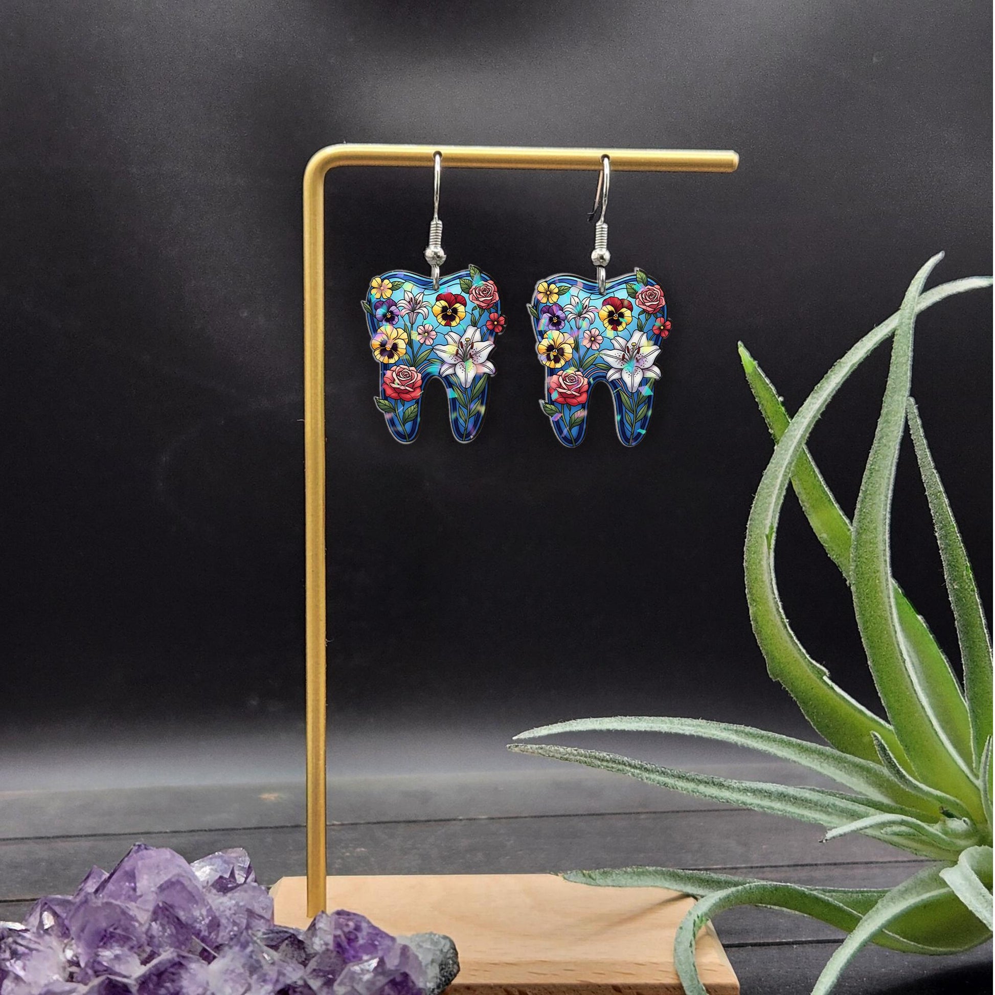 Floral Tooth Earrings – Cute Dentist Gift Jewelry – Tooth-Shaped Dangle Earrings with Flowers – Hygienist Dental Assistant Gift