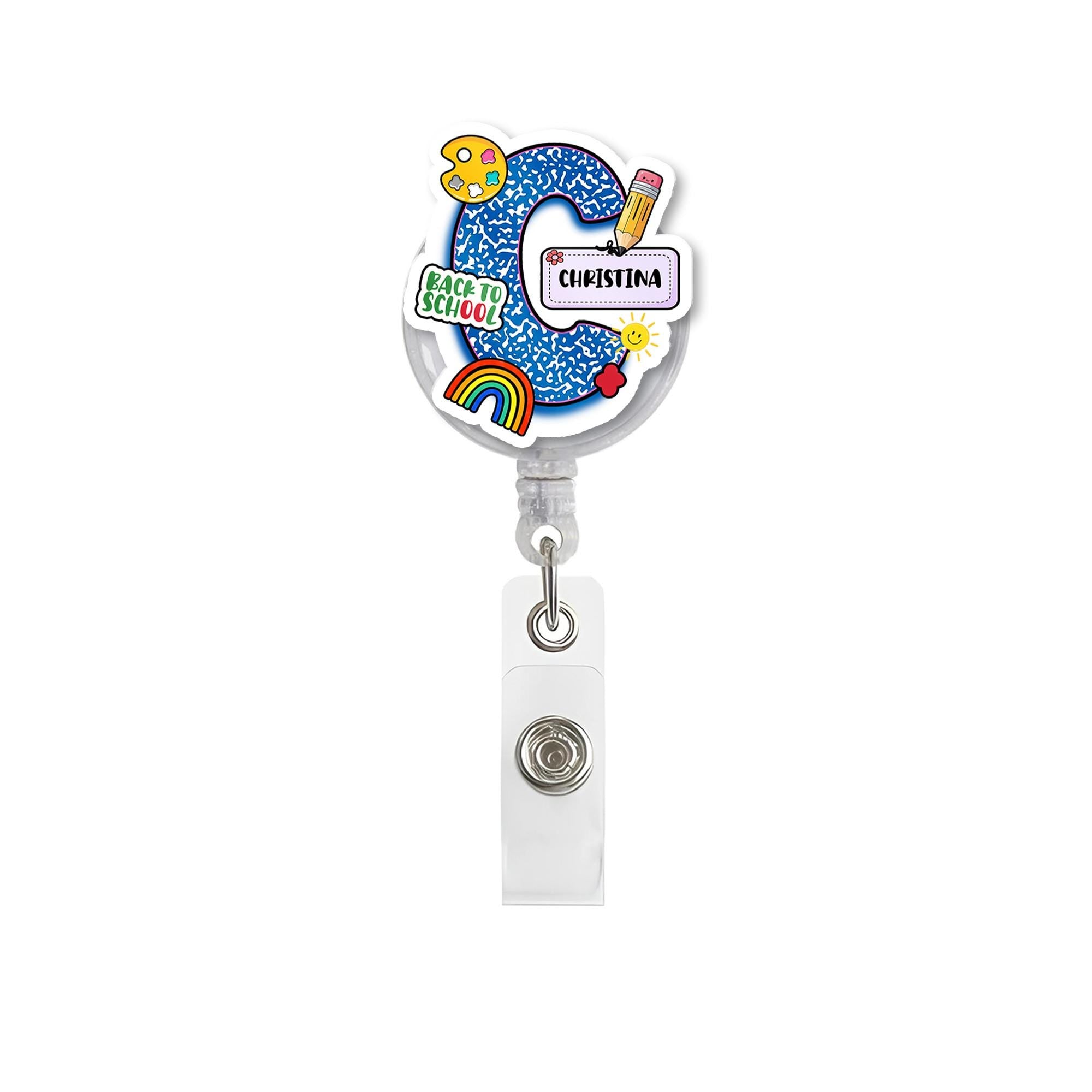 Personalized Initial Badge Reel – Back to School Name ID Holder with Composition Notebook Pattern, Rainbow & Pencil Teacher Gift, Educators