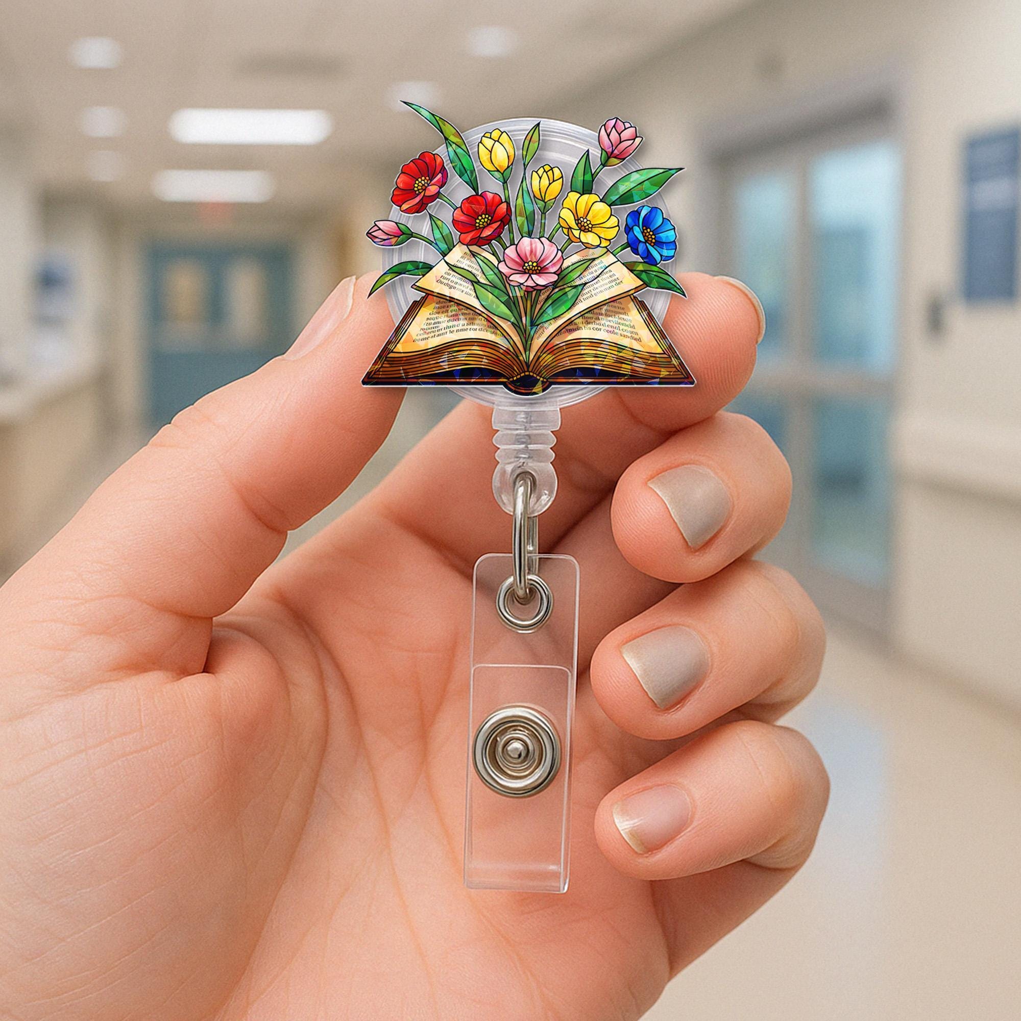 Floral Book Badge Reel | Colorful Flower Book ID Holder for Teachers, Librarians, Book Lovers | Retractable Clip for Work or School