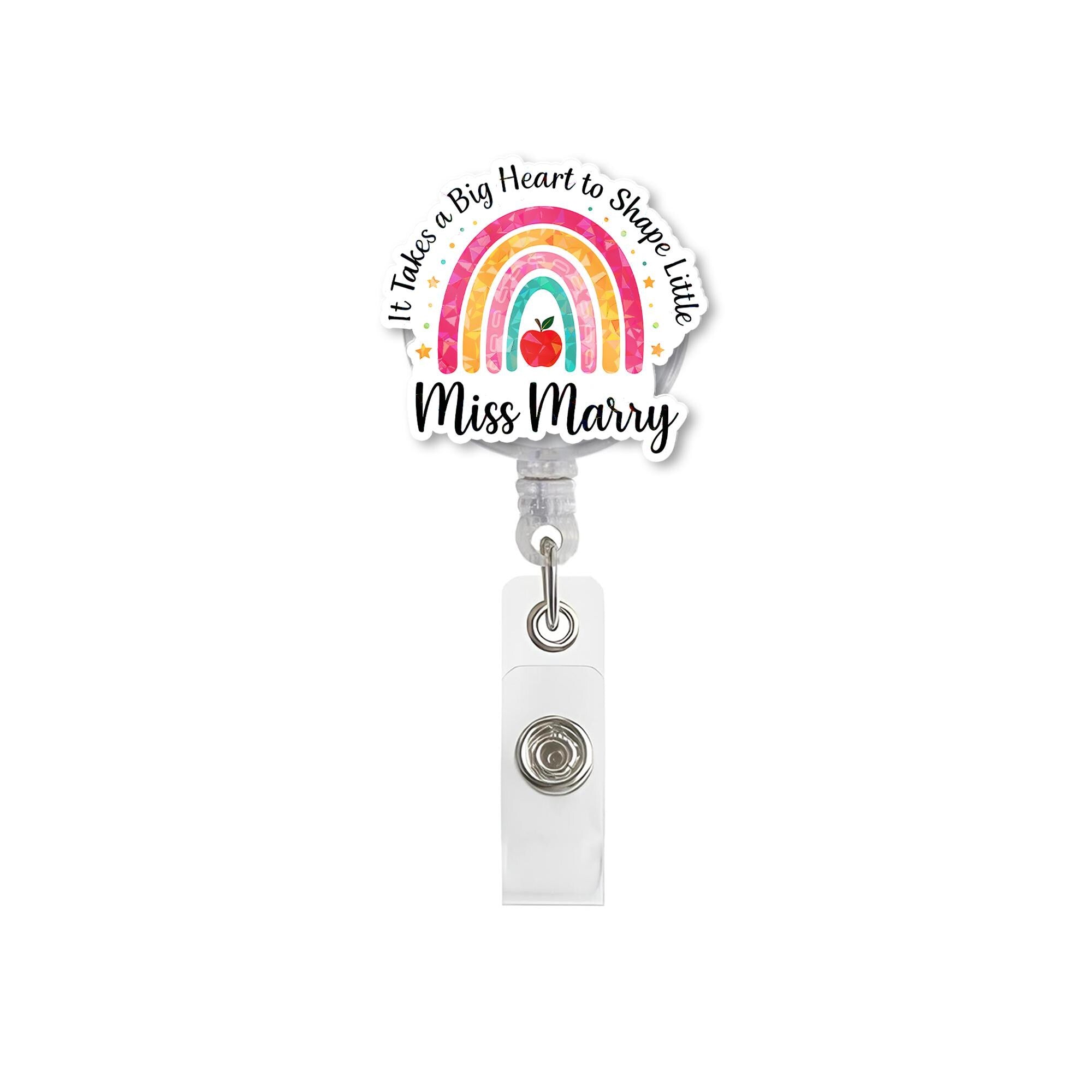 Rainbow Teacher Badge Reel – Personalized Name ID Holder – Big Heart Little Minds Clip – Cute Preschool Teacher Gift