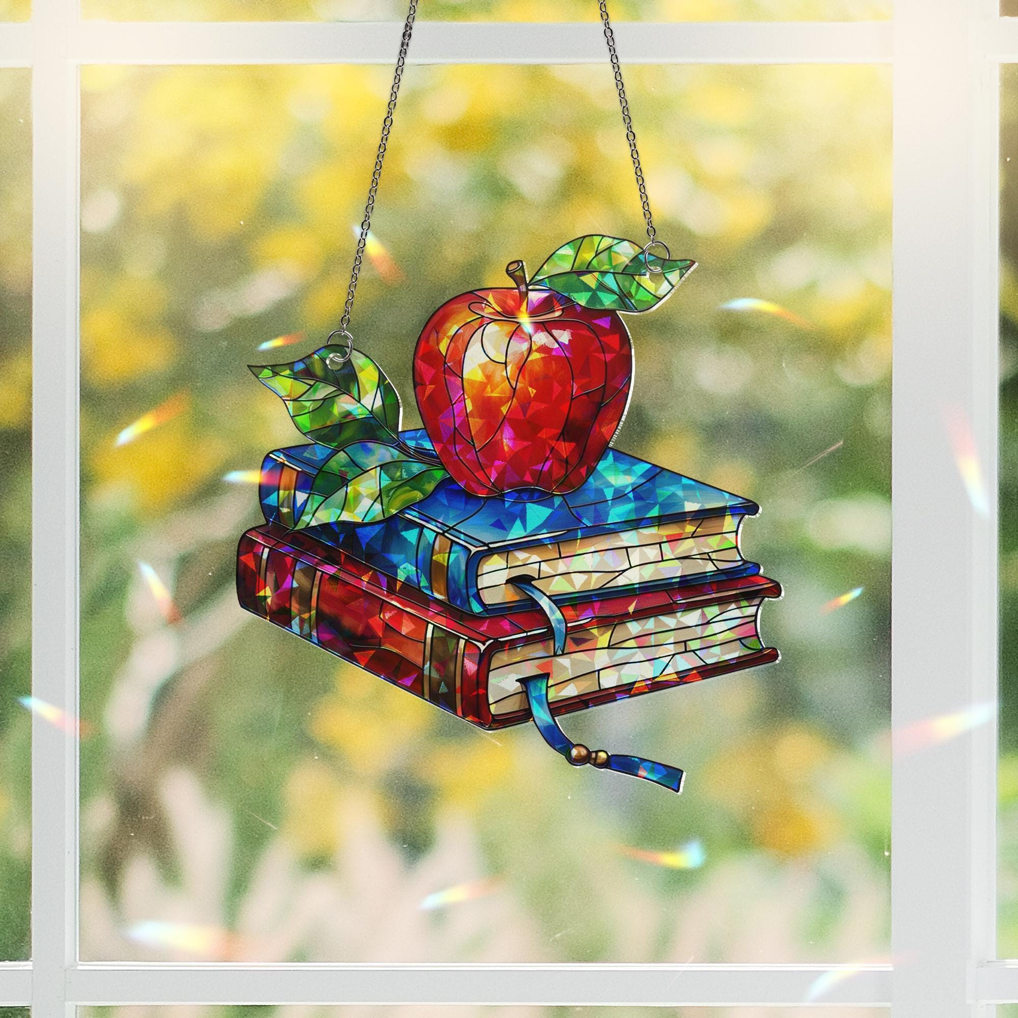Apple Book Acrylic Window Hanging | Back to School Teacher Gift | Classroom Hanging Decor, Back to School Decor