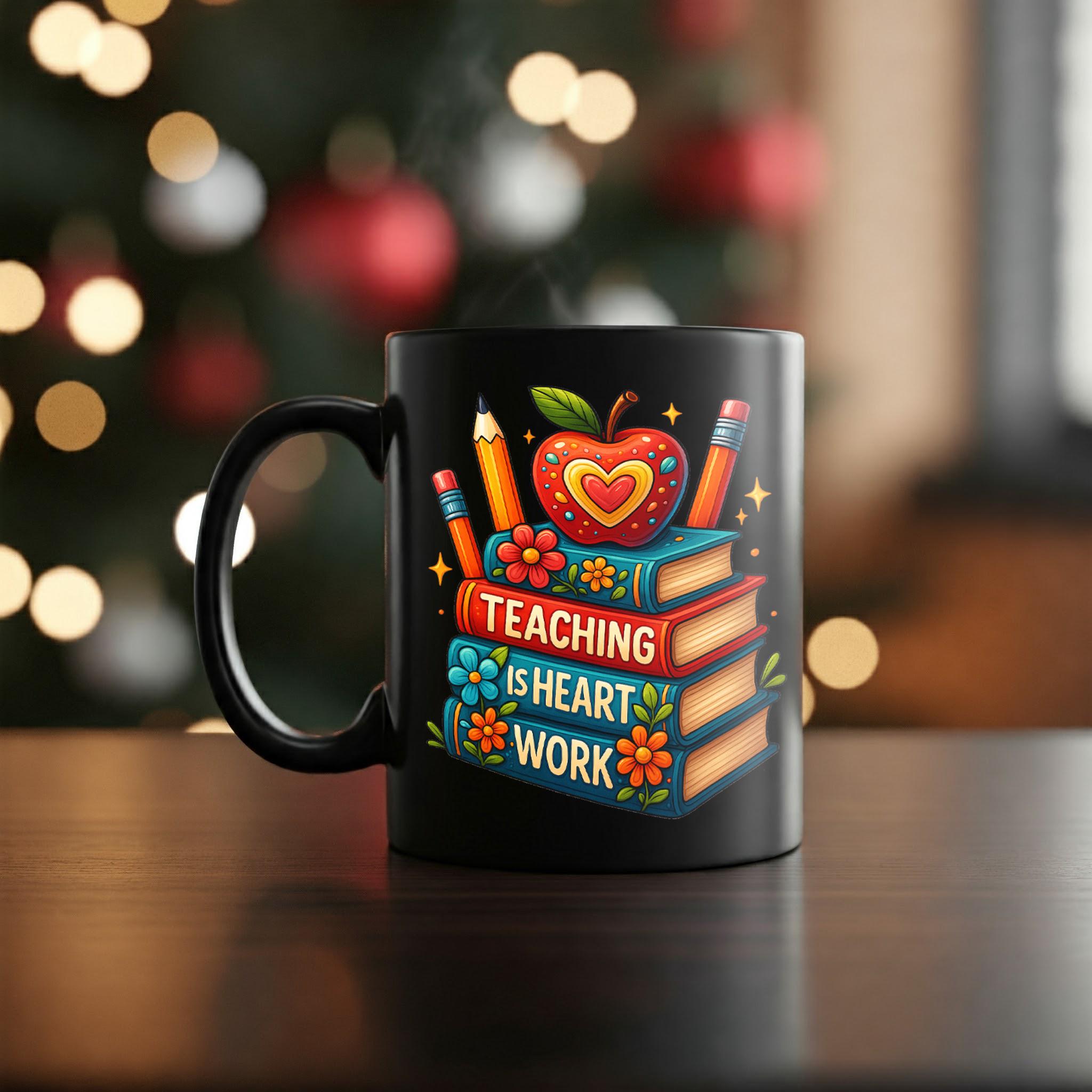 Teaching Is Heart Work Mug – Teacher Appreciation Gift – Colorful Apple Book Mug – Coffee Cup for Educators & School Staff