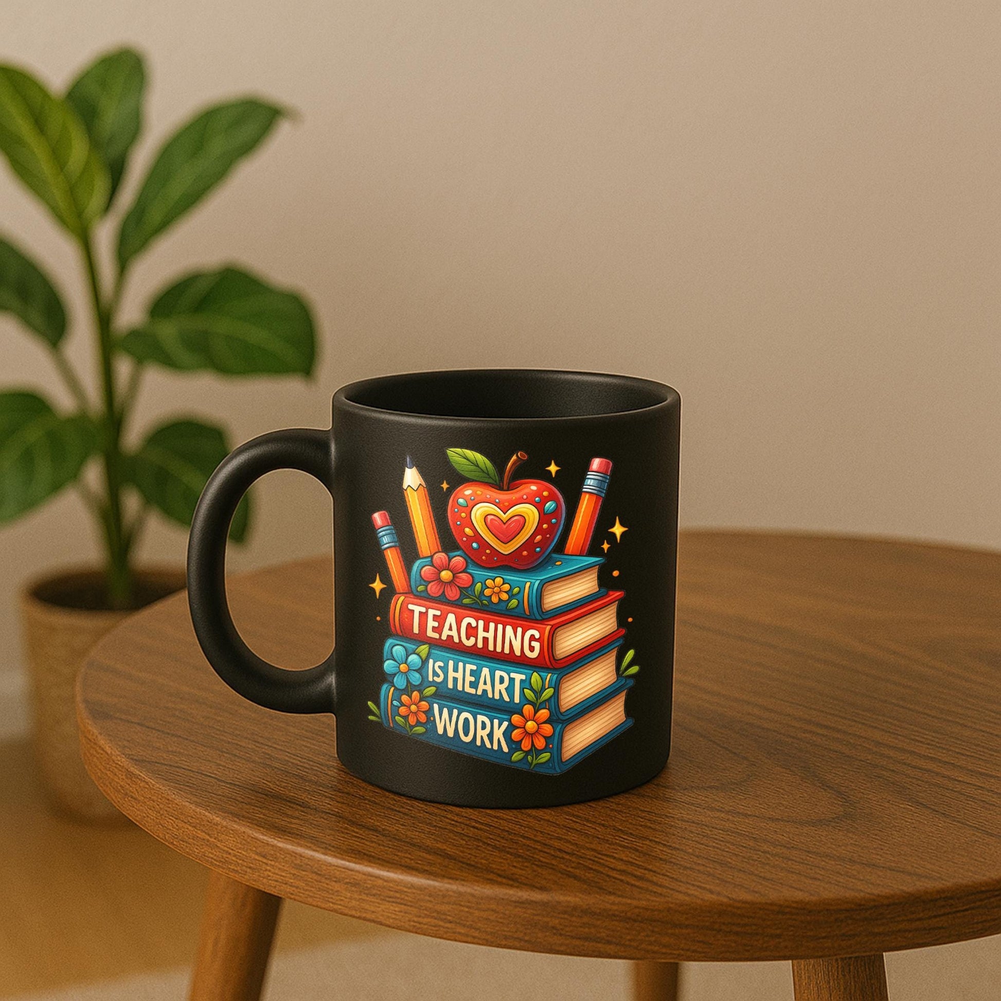 Teaching Is Heart Work Mug – Teacher Appreciation Gift – Colorful Apple Book Mug – Coffee Cup for Educators & School Staff