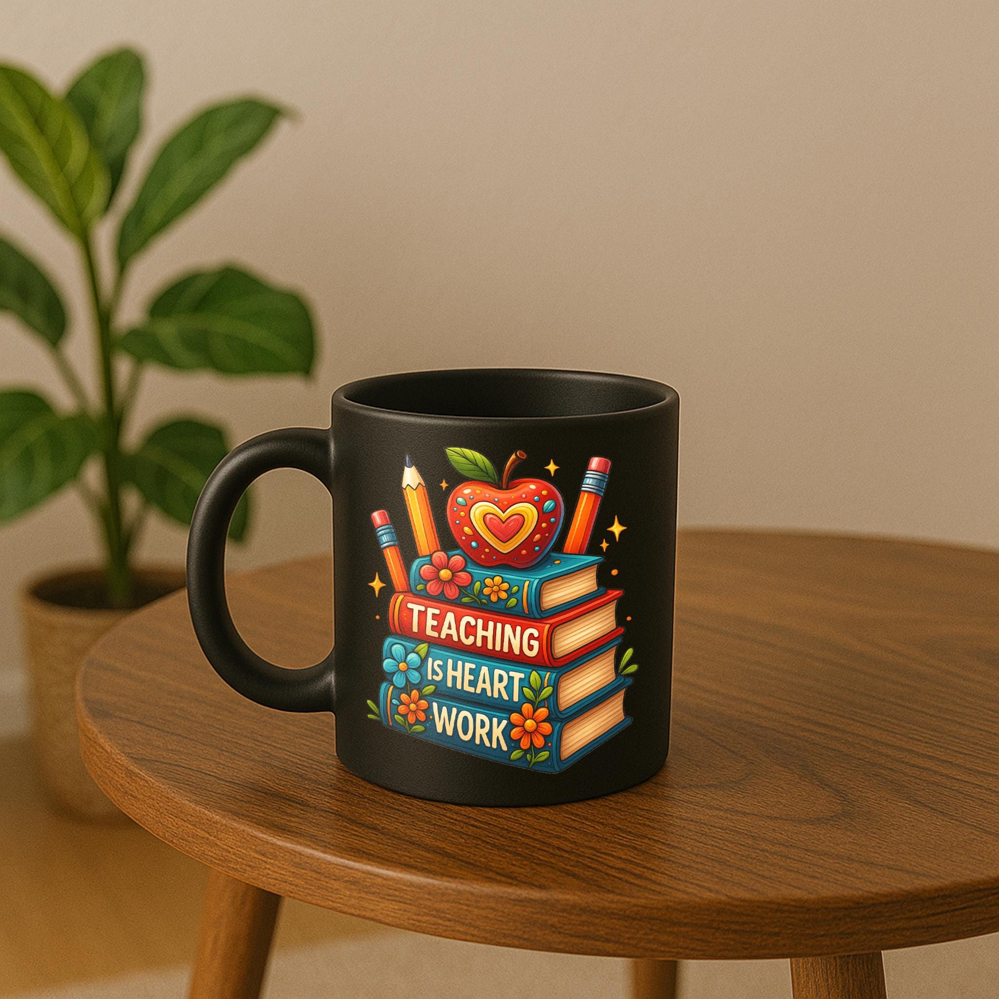 Teaching Is Heart Work Mug – Teacher Appreciation Gift – Colorful Apple Book Mug – Coffee Cup for Educators & School Staff
