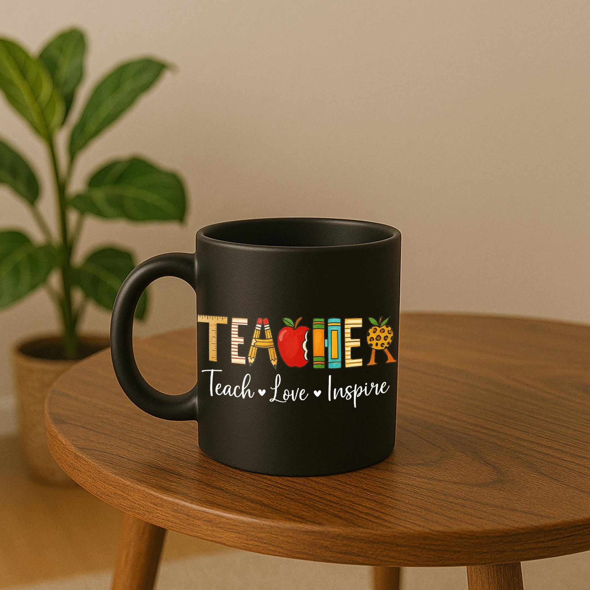 Teach Love Inspire Teacher Mug – Cute Black Coffee Cup for Educators – Teacher Appreciation Gift – School Staff Holiday Mug