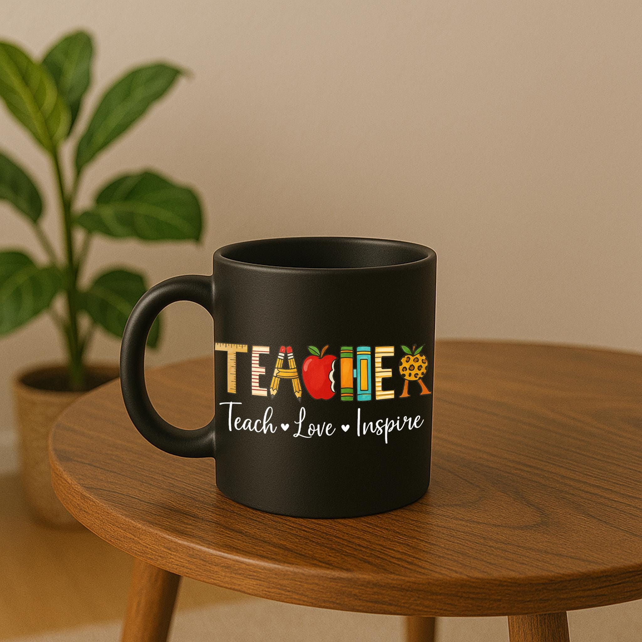 Teach Love Inspire Teacher Mug – Cute Black Coffee Cup for Educators – Teacher Appreciation Gift – School Staff Holiday Mug