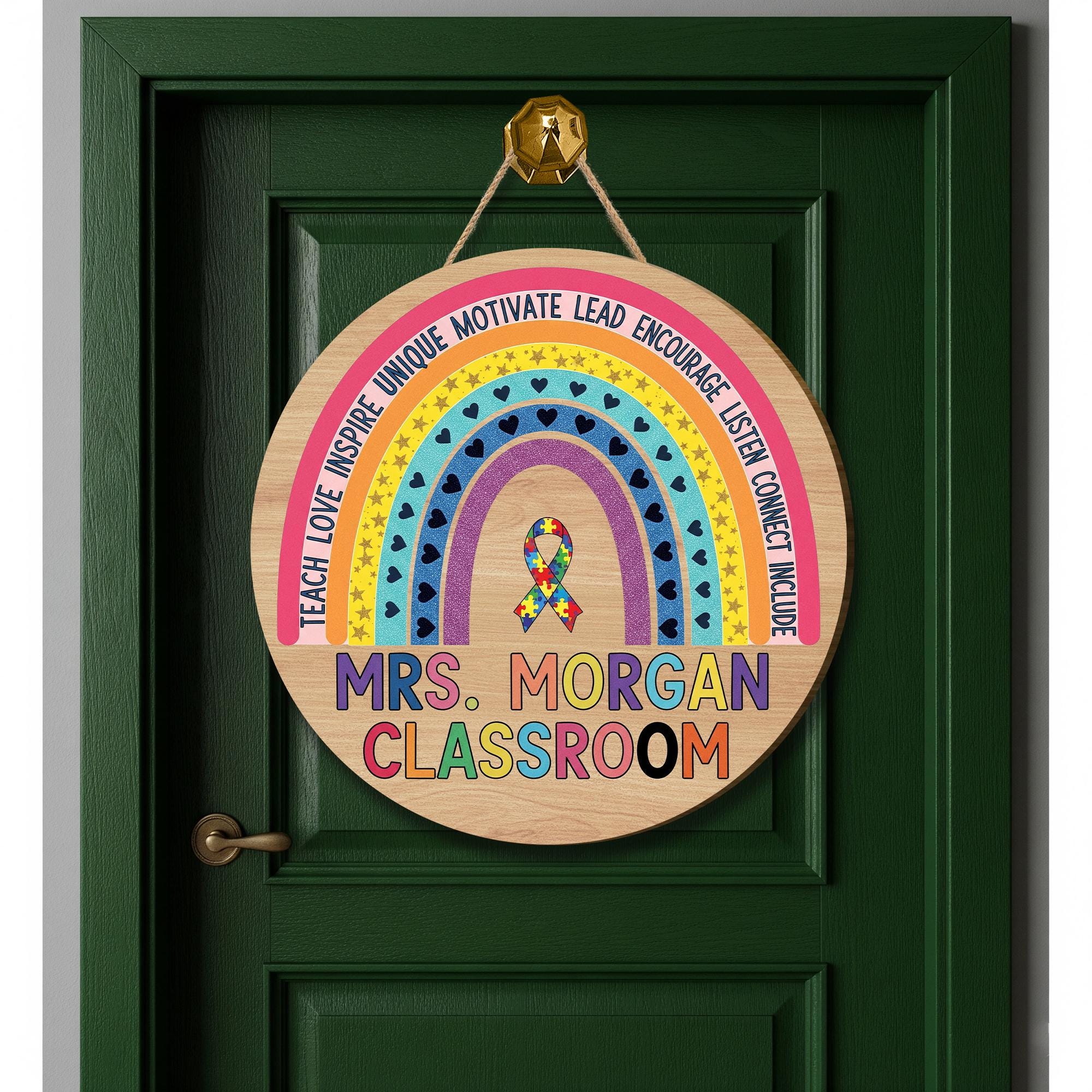 Personalized Rainbow Classroom Door Sign – Custom Teacher Name, Motivational Words & Autism Ribbon, Inclusive Back to School Decor