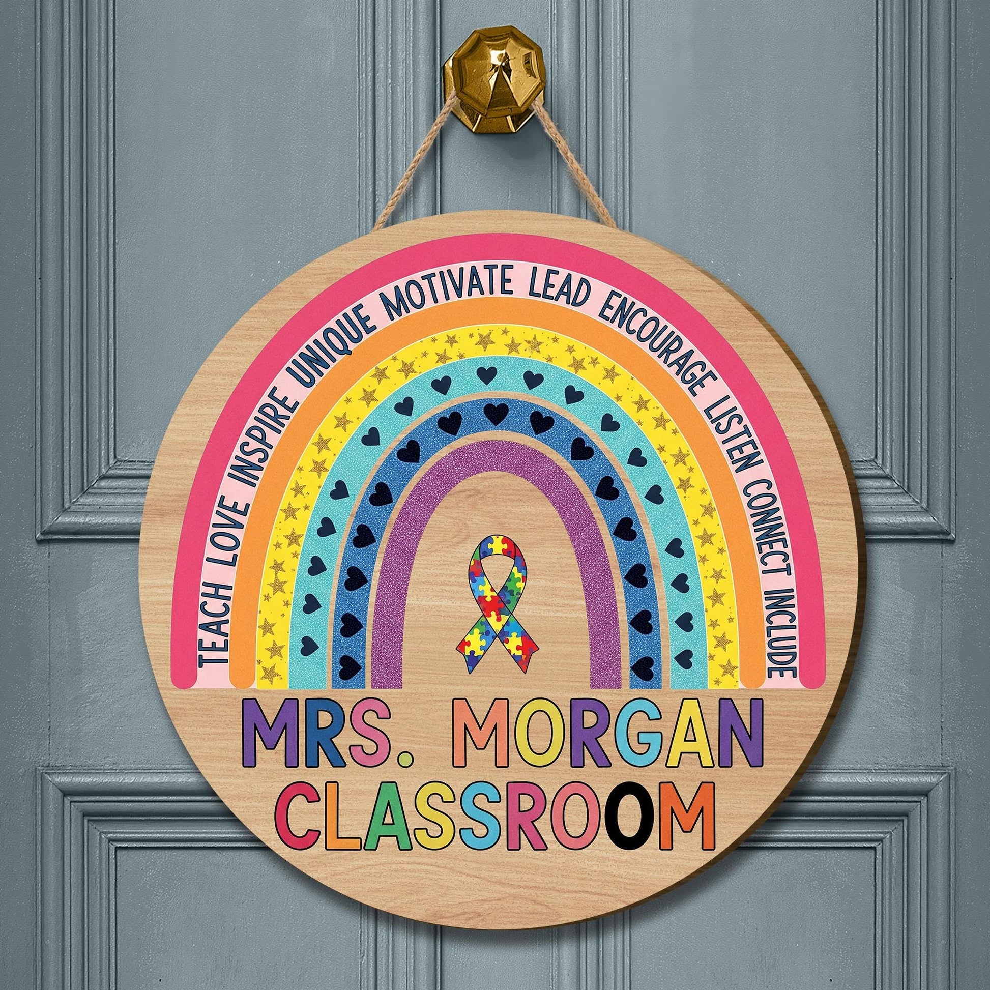 Personalized Rainbow Classroom Door Sign – Custom Teacher Name, Motivational Words & Autism Ribbon, Inclusive Back to School Decor