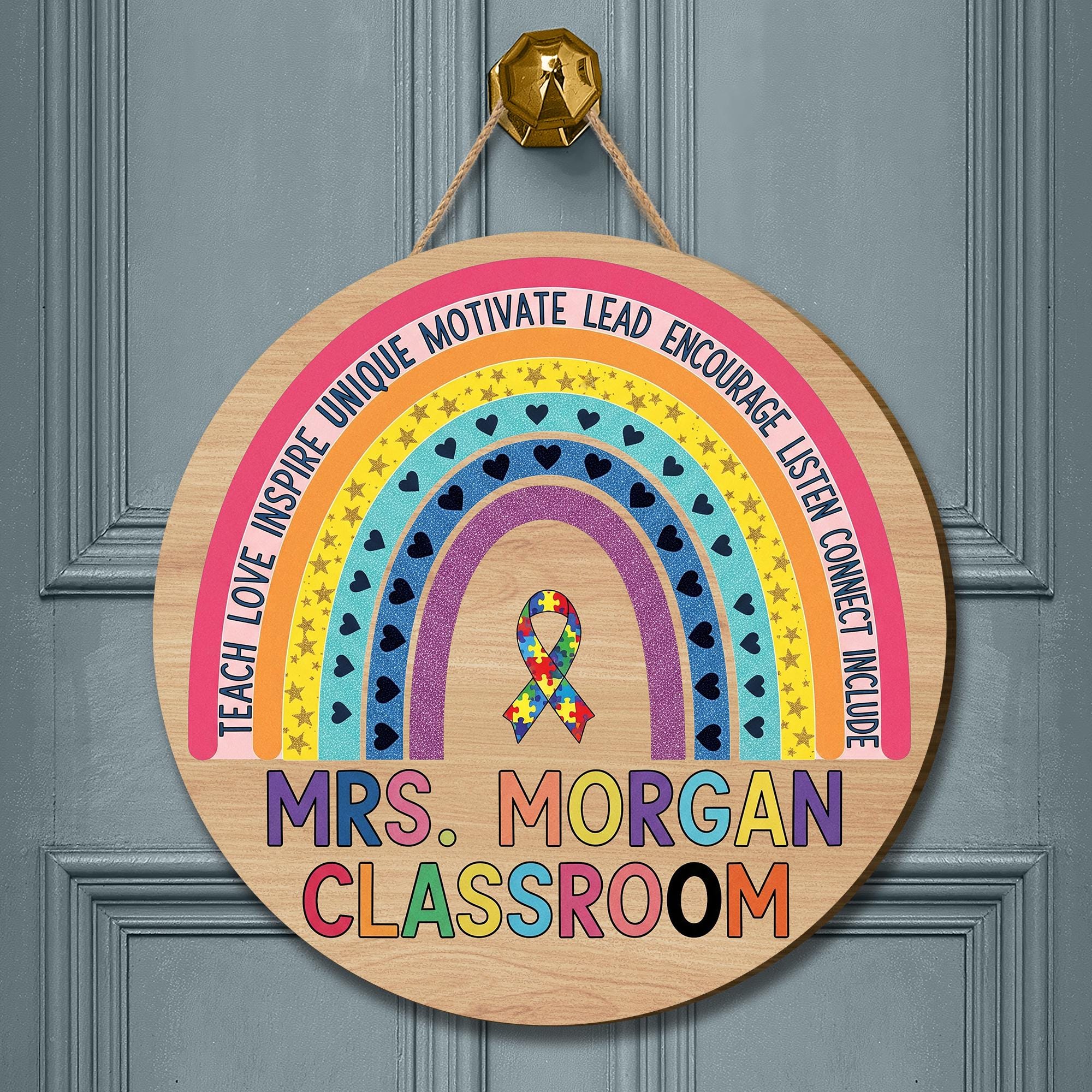 Personalized Rainbow Classroom Door Sign – Custom Teacher Name, Motivational Words & Autism Ribbon, Inclusive Back to School Decor