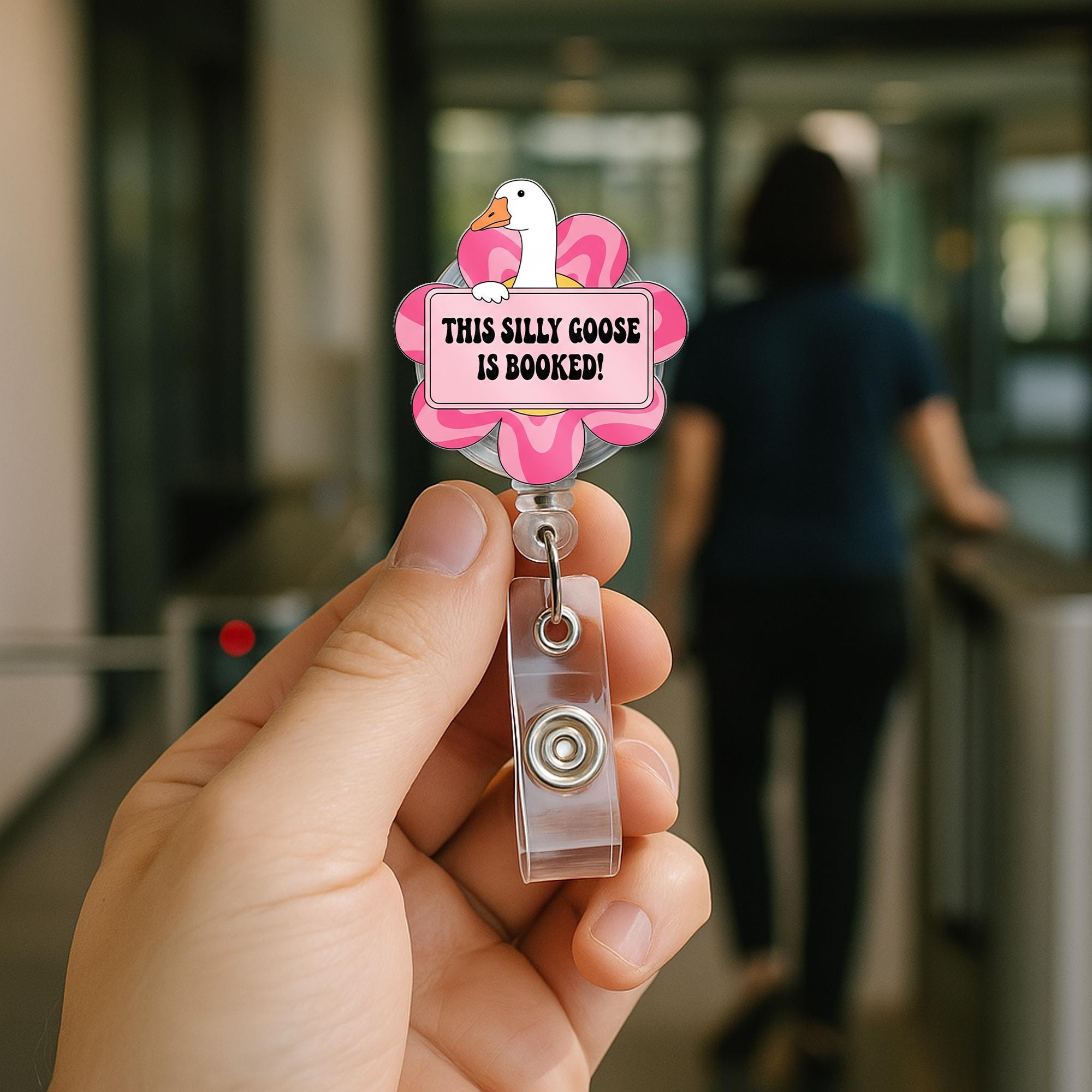 Funny Goose Badge Reel – “This Silly Goose Is Booked” Pink Flower Design, Cute ID Holder for Teachers, Librarians & Book Lovers, Educators