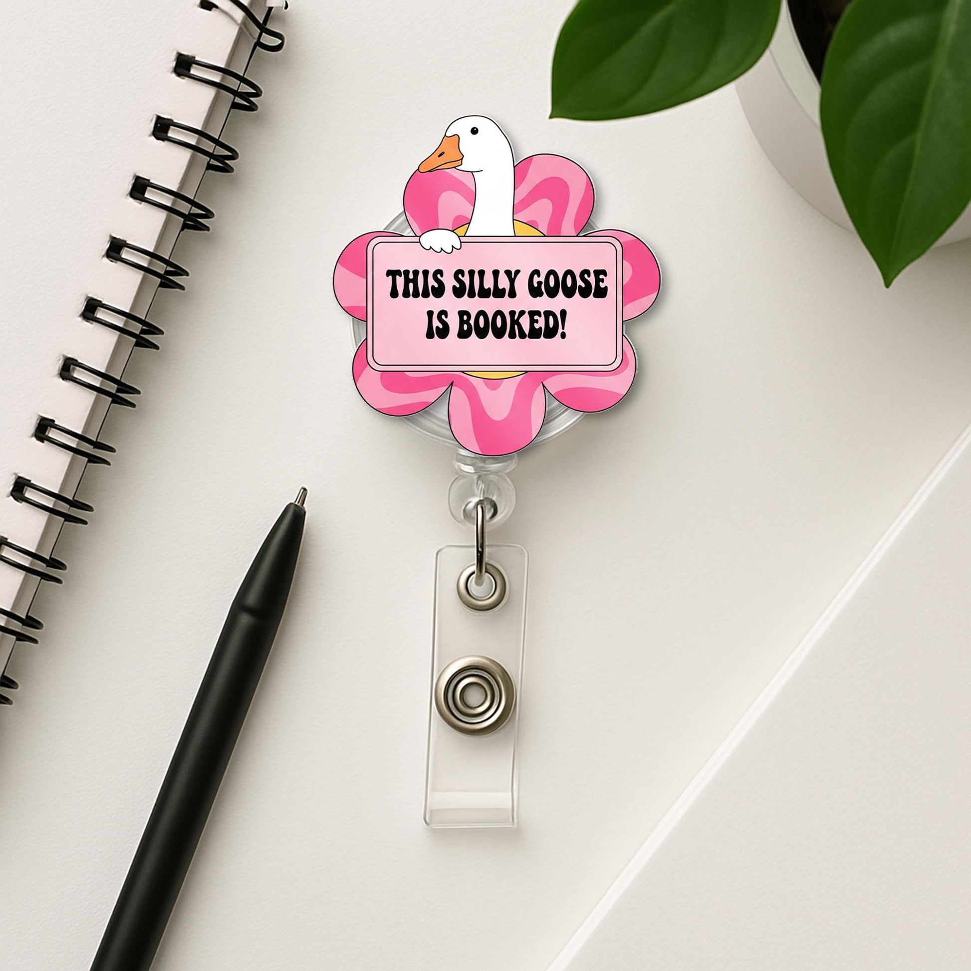 Funny Goose Badge Reel – “This Silly Goose Is Booked” Pink Flower Design, Cute ID Holder for Teachers, Librarians & Book Lovers, Educators