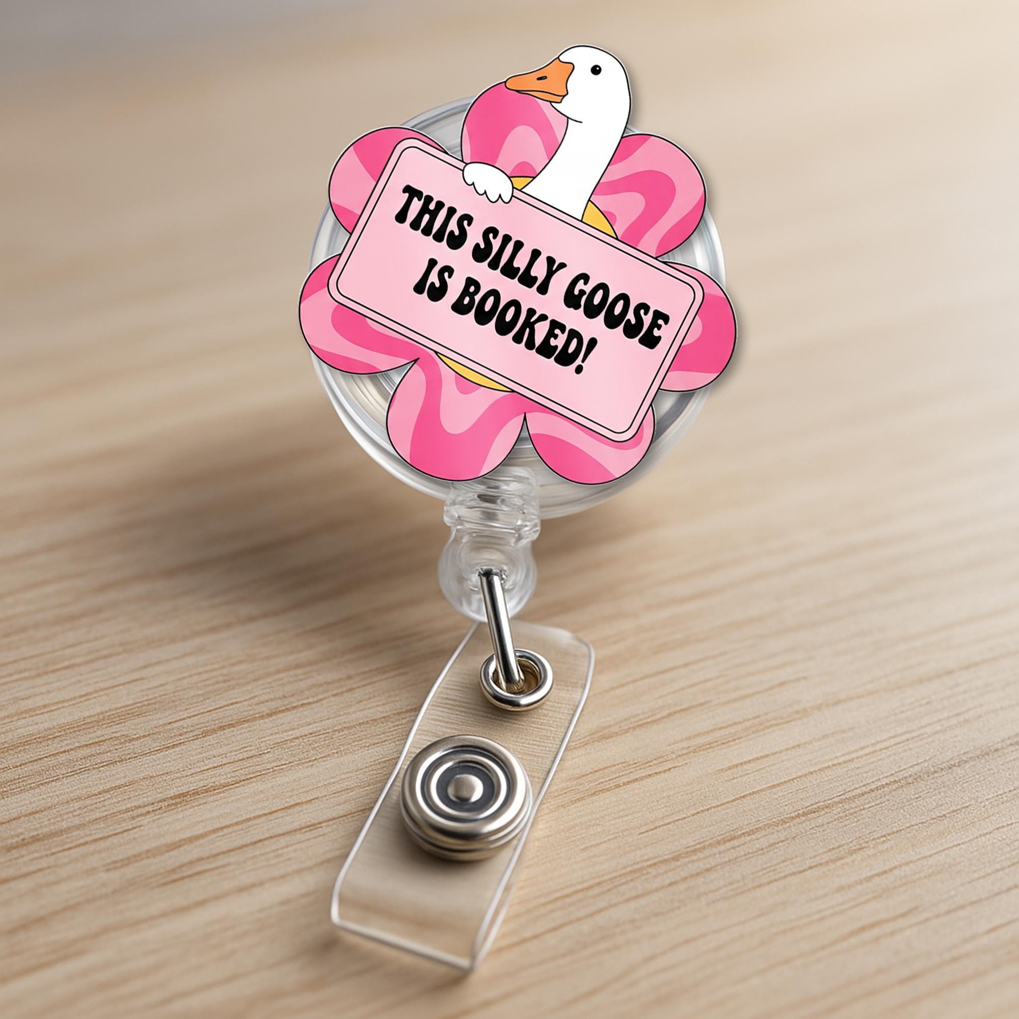 Funny Goose Badge Reel – “This Silly Goose Is Booked” Pink Flower Design, Cute ID Holder for Teachers, Librarians & Book Lovers, Educators