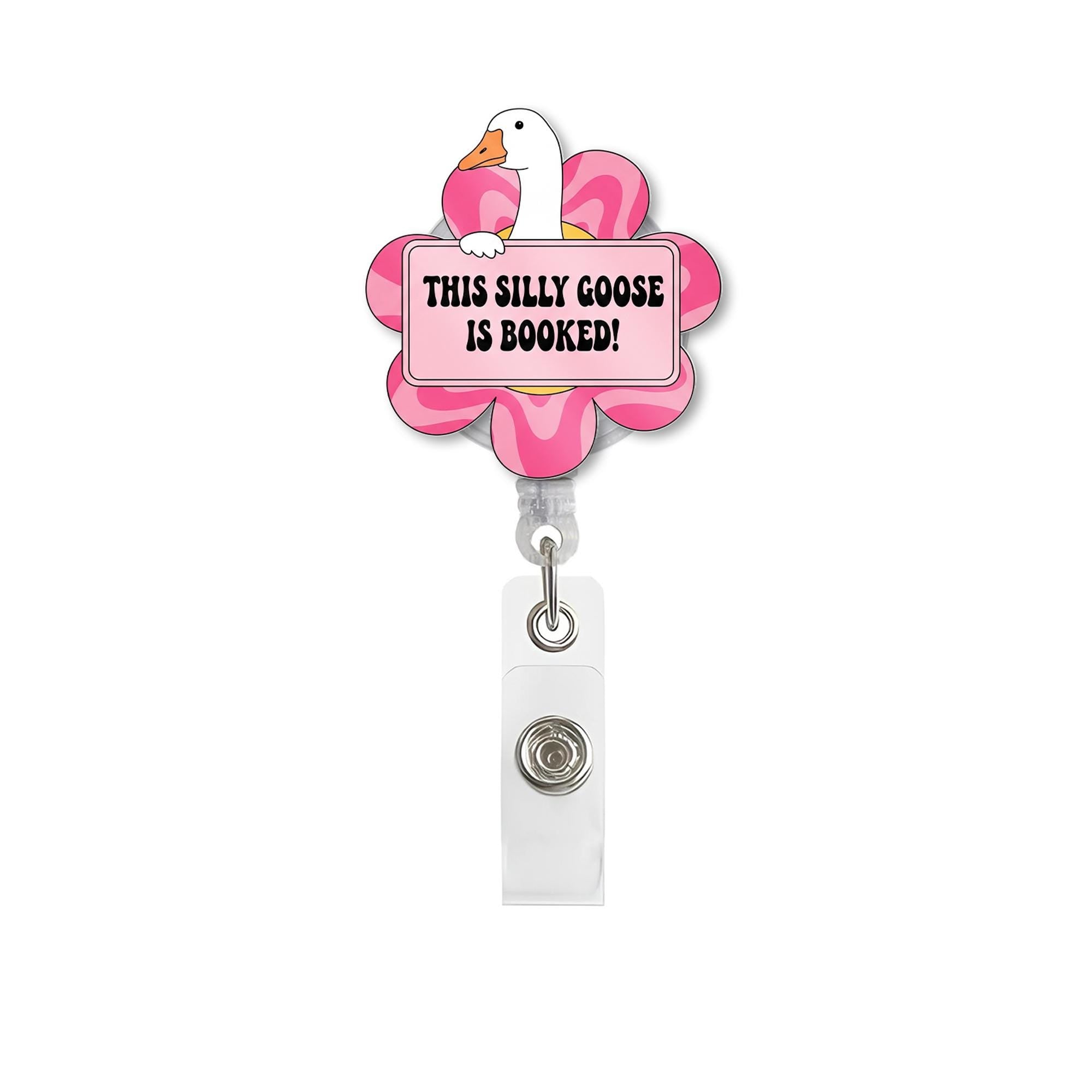 Funny Goose Badge Reel – “This Silly Goose Is Booked” Pink Flower Design, Cute ID Holder for Teachers, Librarians & Book Lovers, Educators
