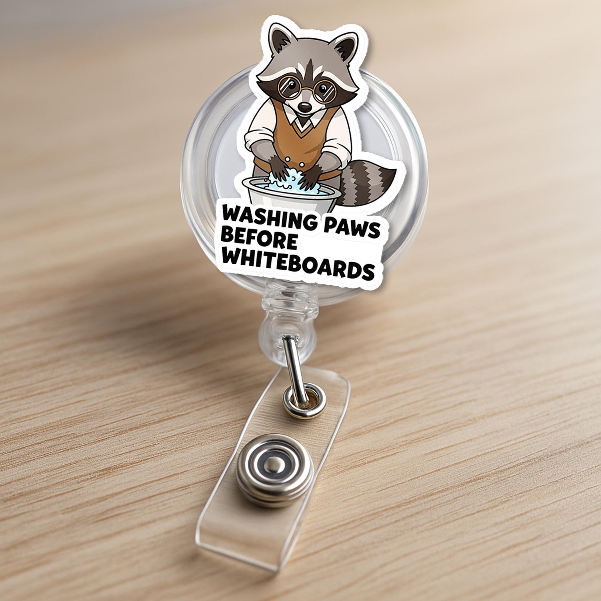 Funny Raccoon Teacher Badge Reel – “Washing Paws Before Whiteboards” ID Holder, Back to School Gift for Educators, Teachers, School Staffs