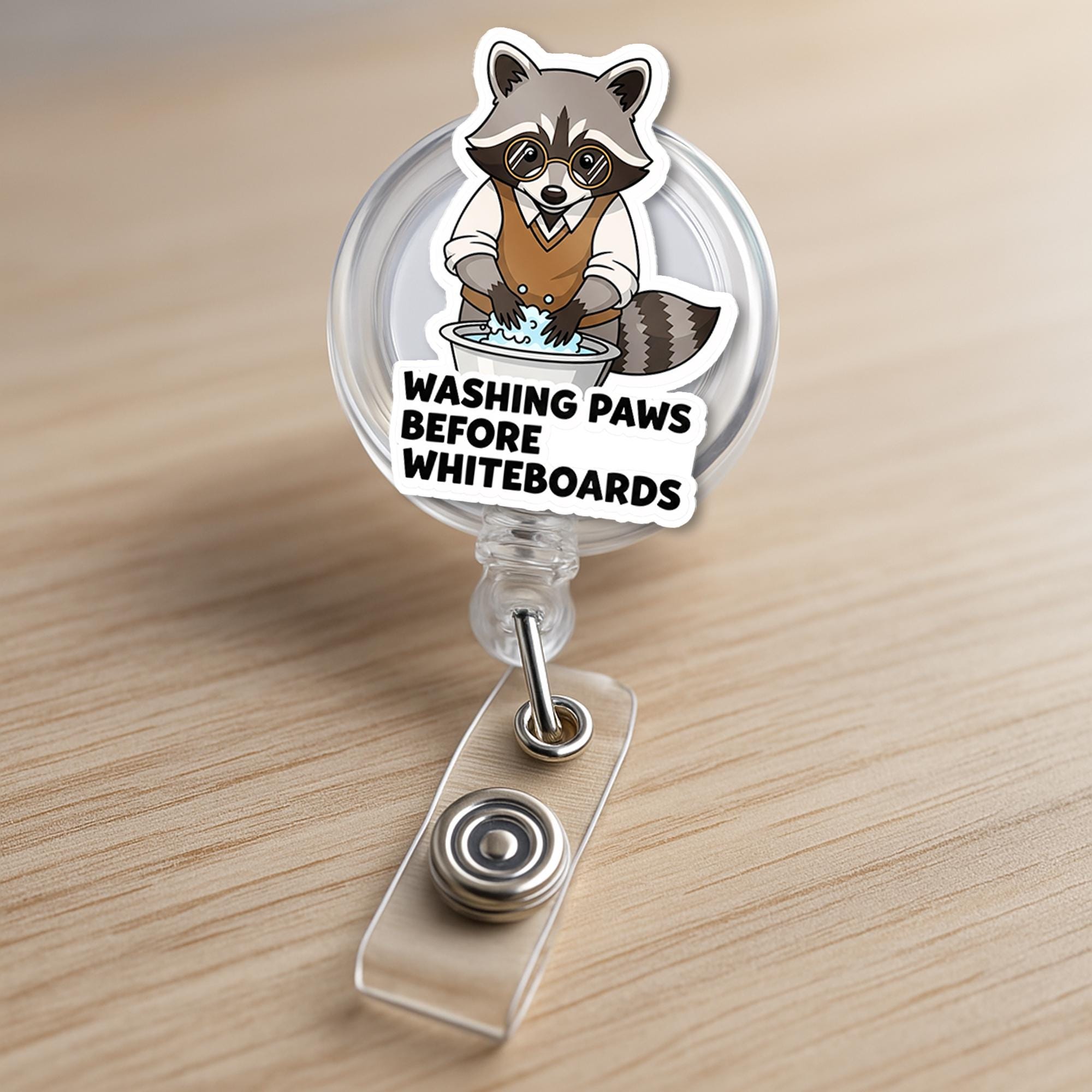 Funny Raccoon Teacher Badge Reel – “Washing Paws Before Whiteboards” ID Holder, Back to School Gift for Educators, Teachers, School Staffs