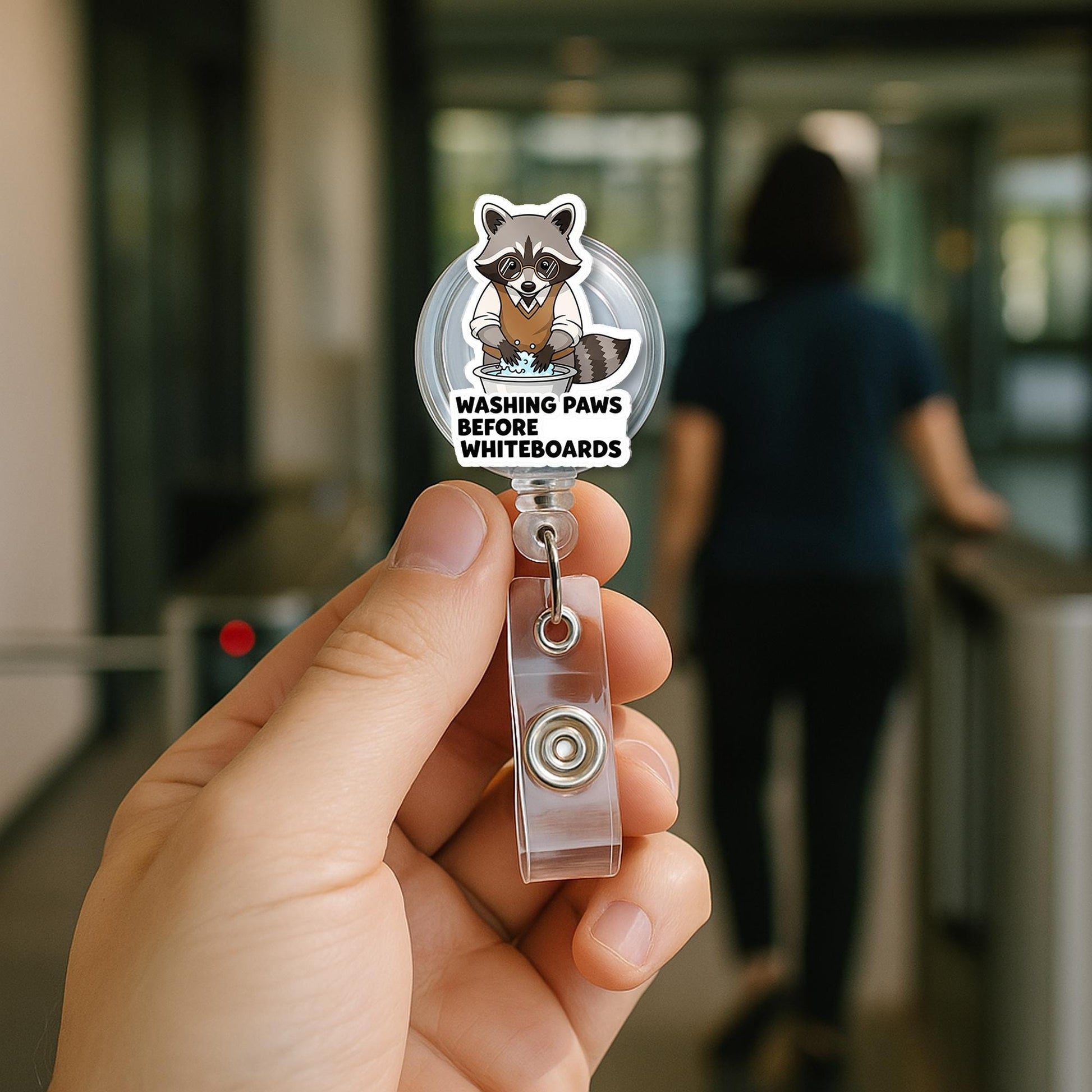 Funny Raccoon Teacher Badge Reel – “Washing Paws Before Whiteboards” ID Holder, Back to School Gift for Educators, Teachers, School Staffs