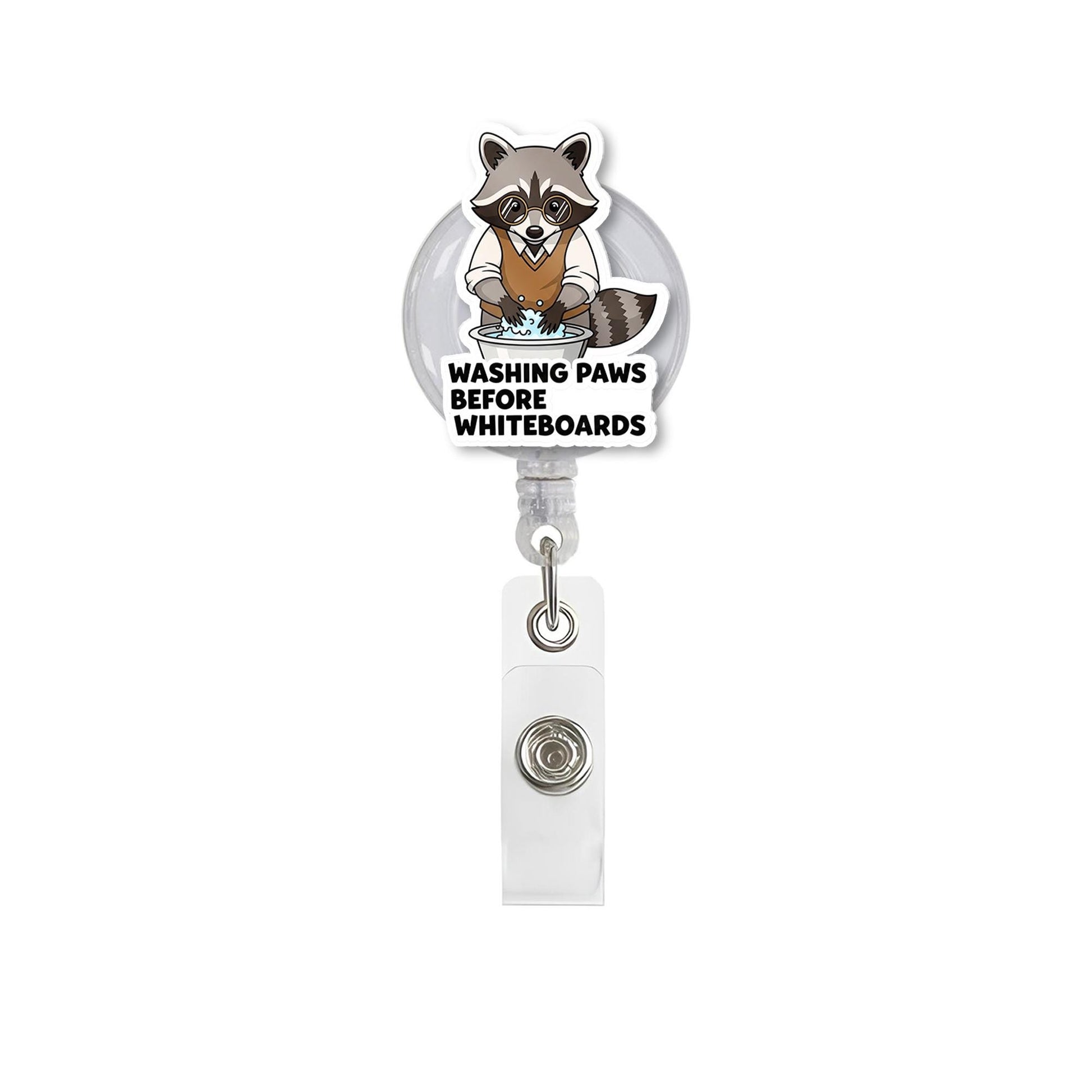 Funny Raccoon Teacher Badge Reel – “Washing Paws Before Whiteboards” ID Holder, Back to School Gift for Educators, Teachers, School Staffs