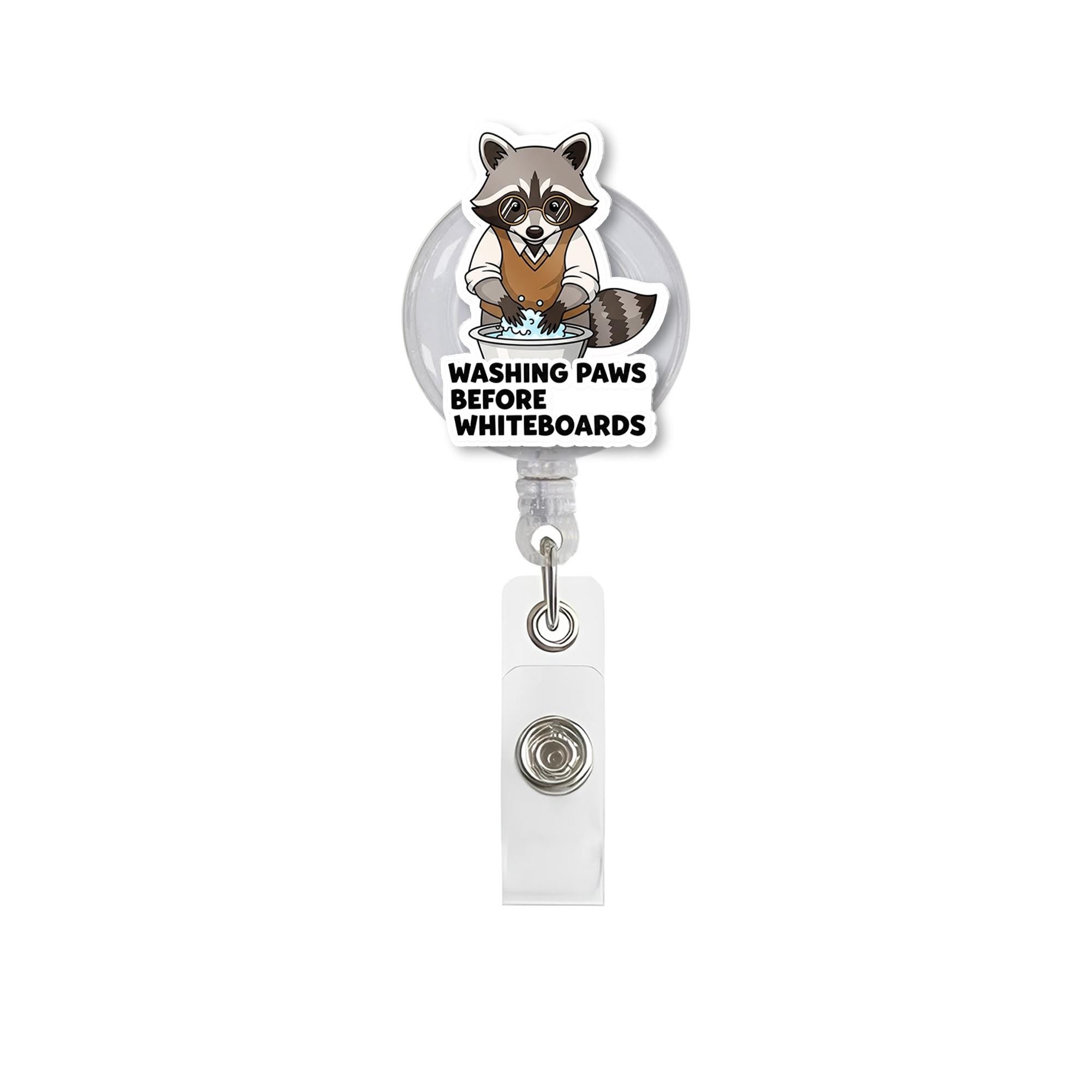 Funny Raccoon Teacher Badge Reel – “Washing Paws Before Whiteboards” ID Holder, Back to School Gift for Educators, Teachers, School Staffs