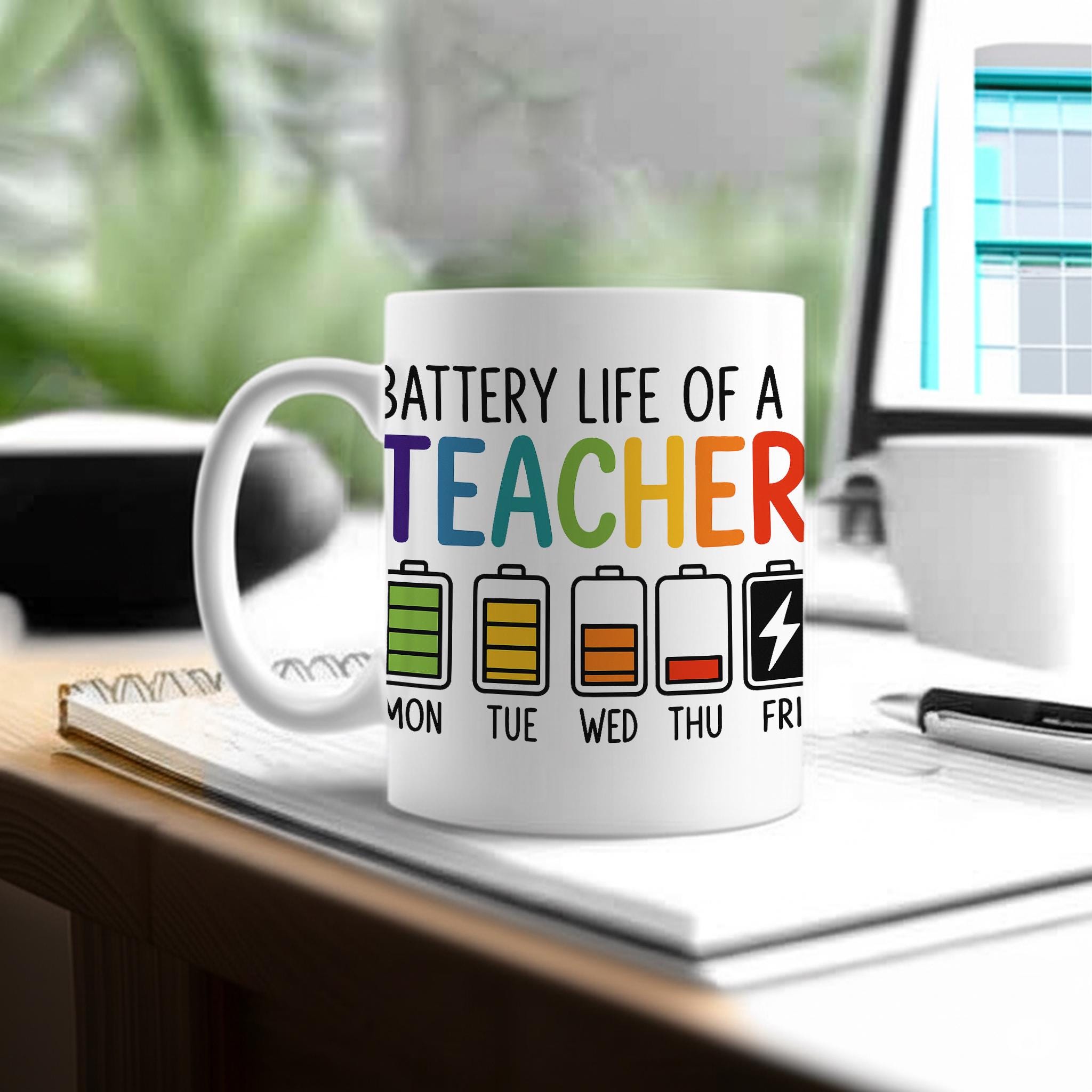 Battery Life of a Teacher Mug | Funny Teacher Coffee Cup | Back to School Gift | Rainbow Educator Humor | Teacher Appreciation Mug