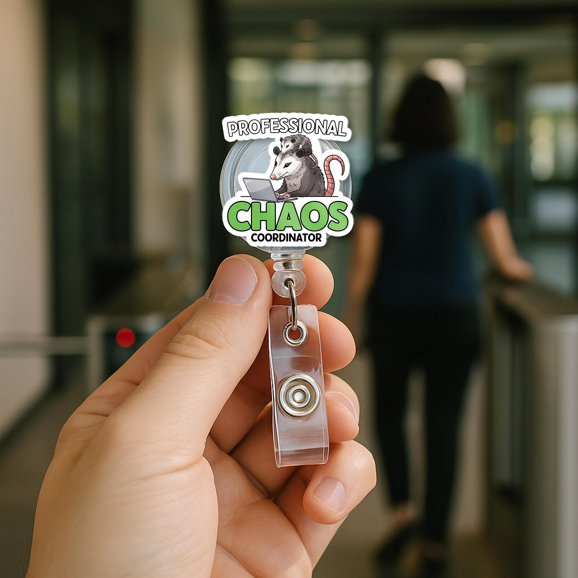Professional Chaos Coordinator Badge Reel – Funny Possum Design ID Holder, Cute Clip for Teachers, Nurses & Office Staffs, Educators
