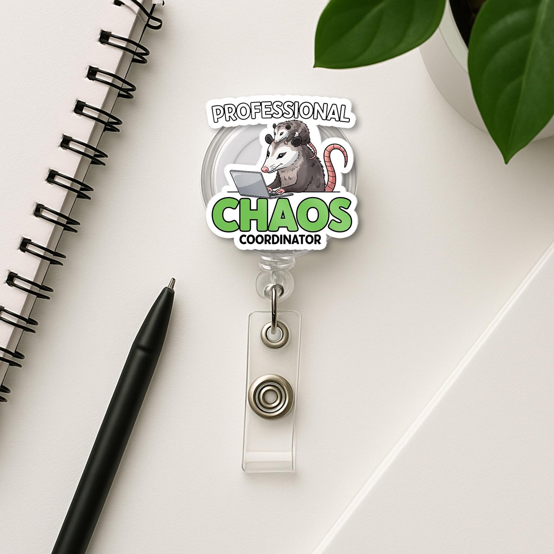 Professional Chaos Coordinator Badge Reel – Funny Possum Design ID Holder, Cute Clip for Teachers, Nurses & Office Staffs, Educators