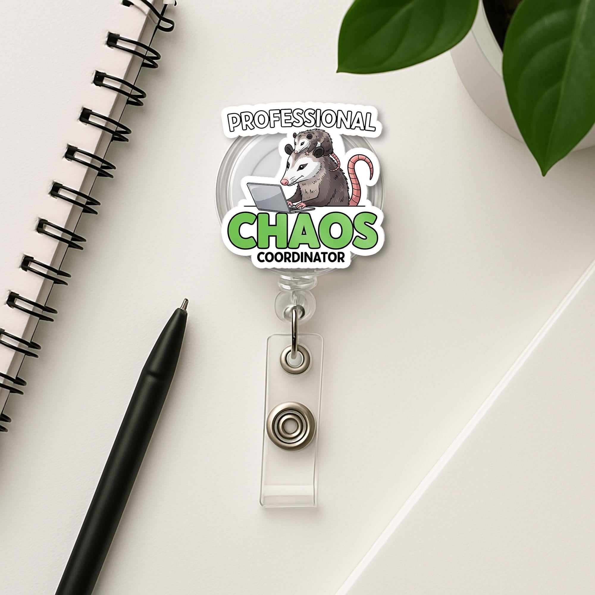 Professional Chaos Coordinator Badge Reel – Funny Possum Design ID Holder, Cute Clip for Teachers, Nurses & Office Staffs, Educators