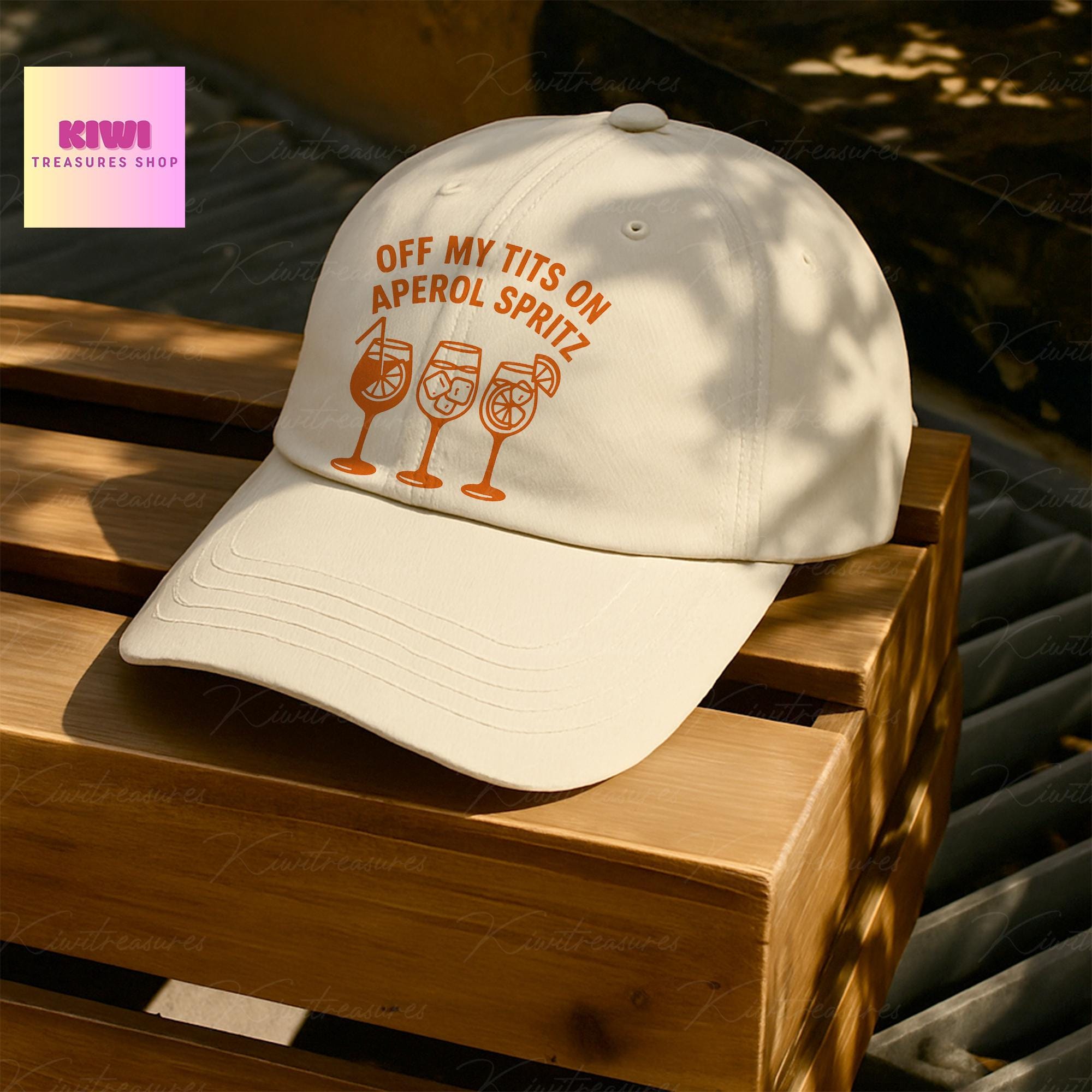 Off My Tits on Aperol Spritz Hat – Funny Cap for Aperol Lovers, Summer Party Drinking Hat, Bachelorette Beach Gift