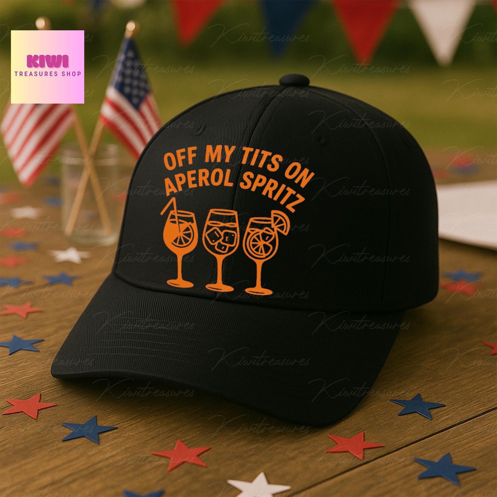 Off My Tits on Aperol Spritz Hat – Funny Cap for Aperol Lovers, Summer Party Drinking Hat, Bachelorette Beach Gift