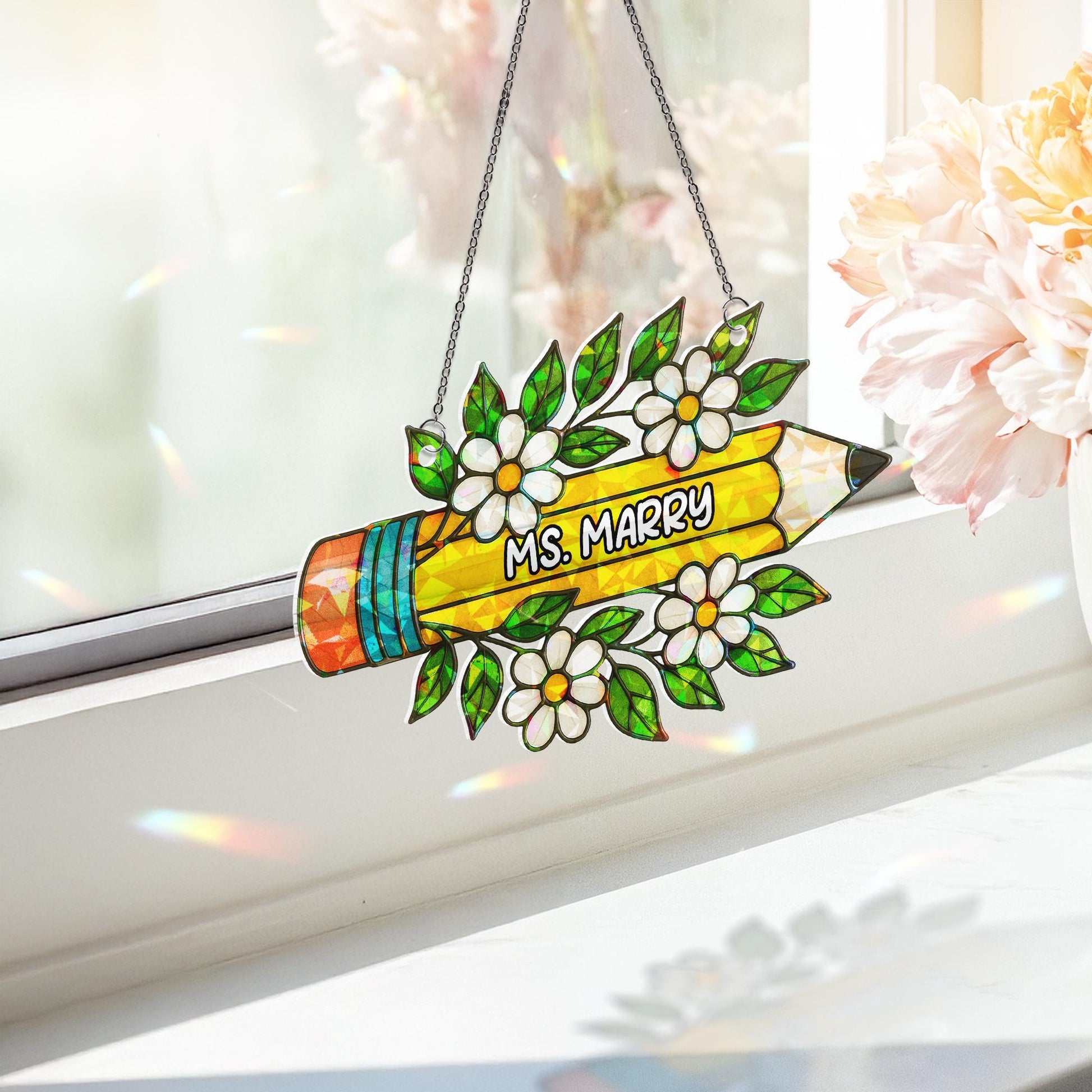 Custom Teacher Name Pencil Acrylic Window Hanging | Back to School Teacher Gift | Floral Classroom Decor | Personalized Sign