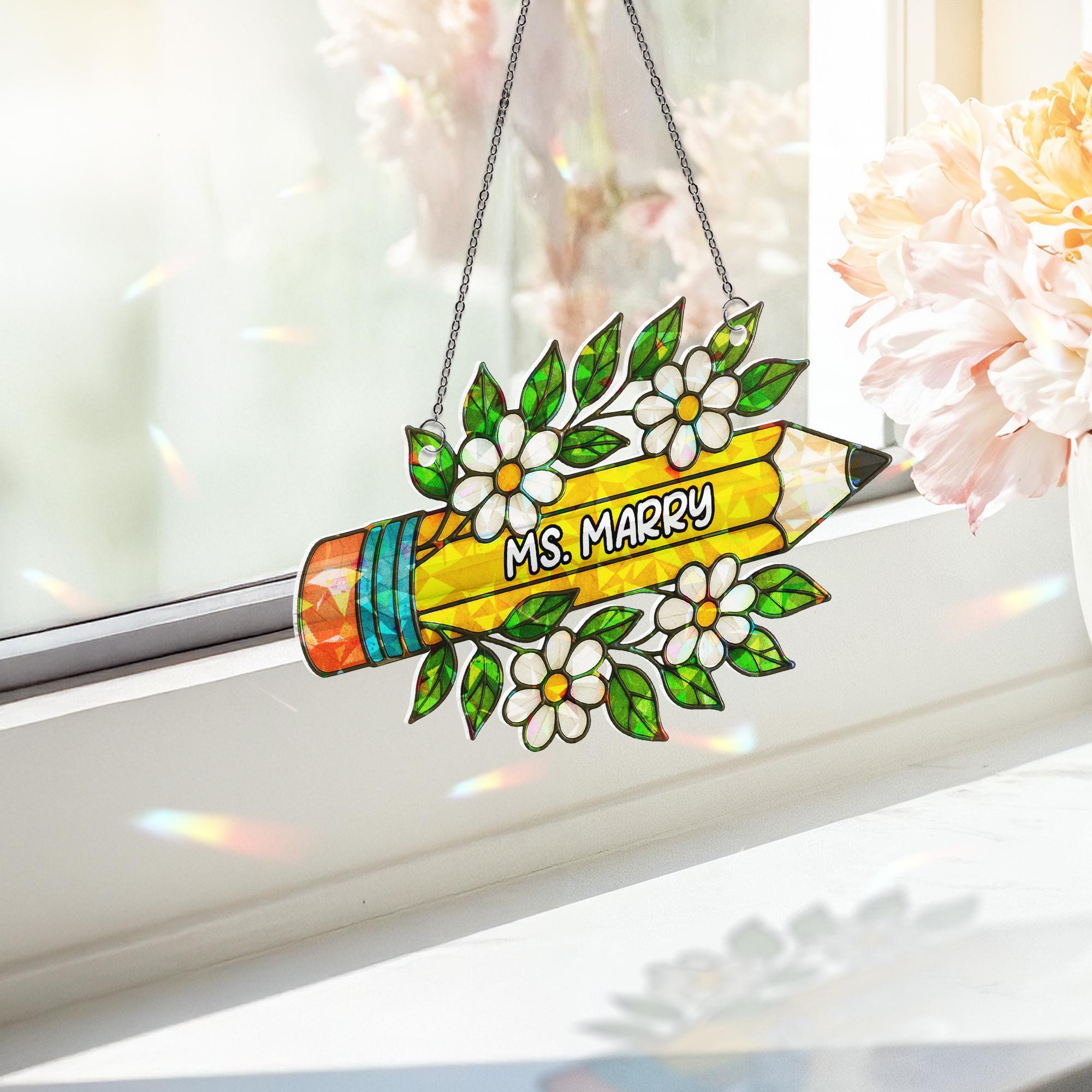 Custom Teacher Name Pencil Acrylic Window Hanging | Back to School Teacher Gift | Floral Classroom Decor | Personalized Sign
