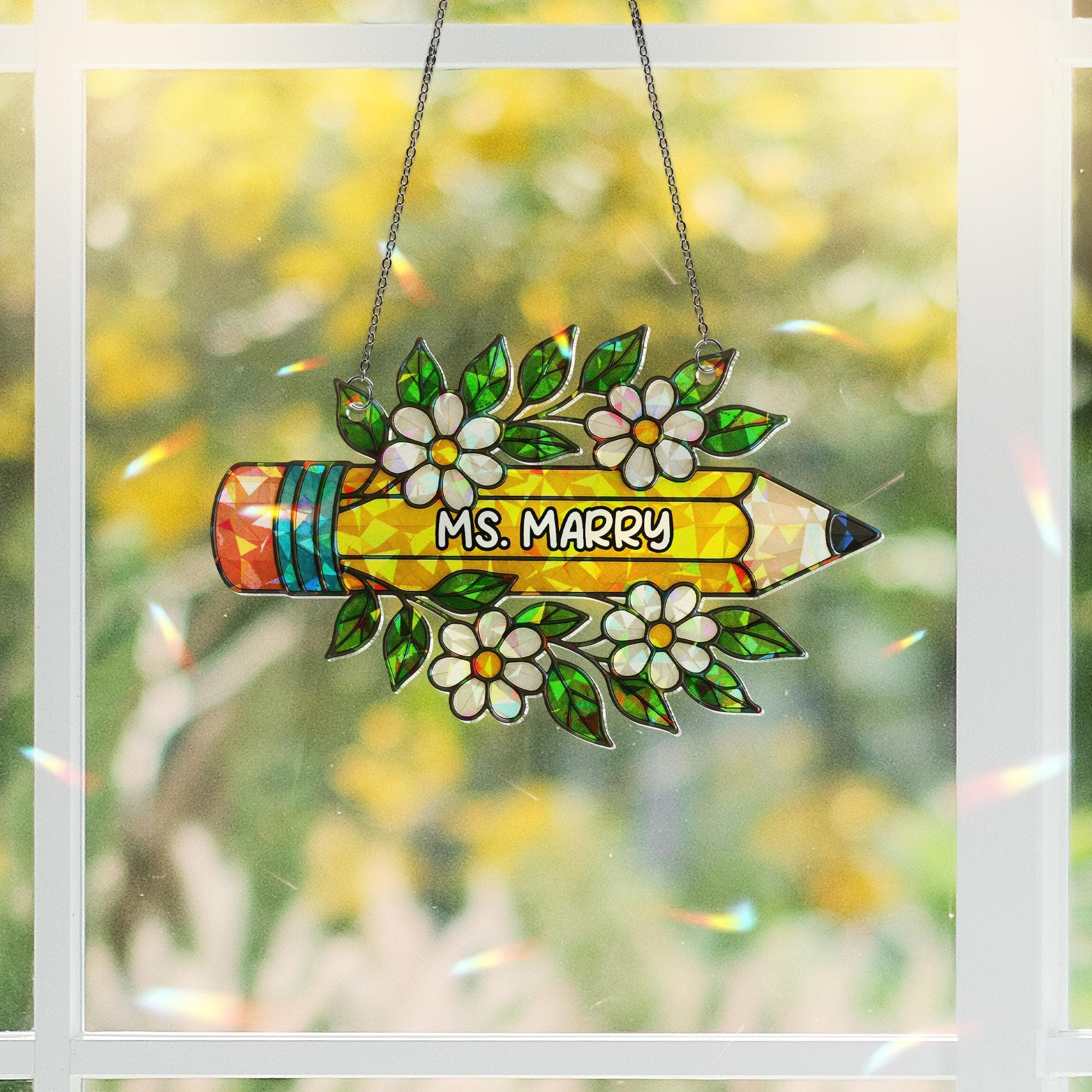 Custom Teacher Name Pencil Acrylic Window Hanging | Back to School Teacher Gift | Floral Classroom Decor | Personalized Sign