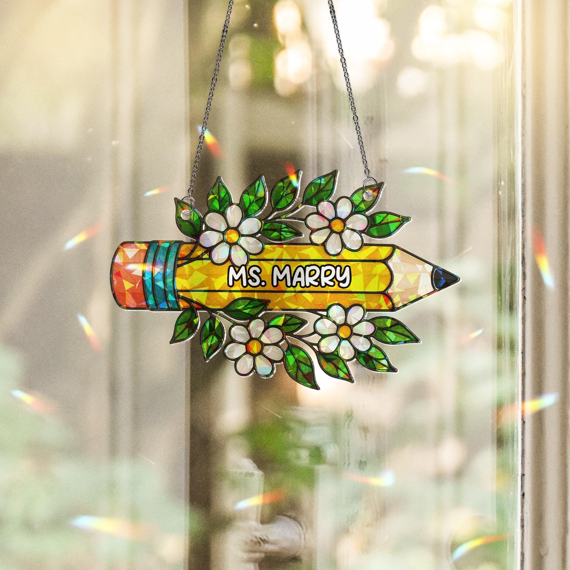 Custom Teacher Name Pencil Acrylic Window Hanging | Back to School Teacher Gift | Floral Classroom Decor | Personalized Sign