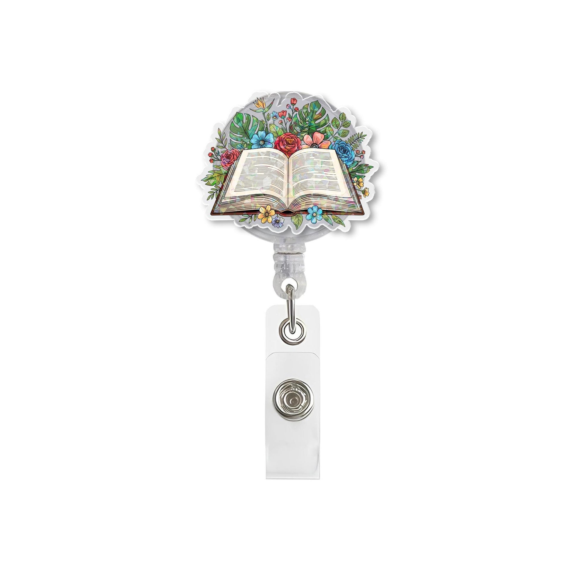 Floral Book Badge Reel | Book Lover Teacher ID Holder | Retractable Badge Clip | Librarian Gift | Back to School Teacher Accessory