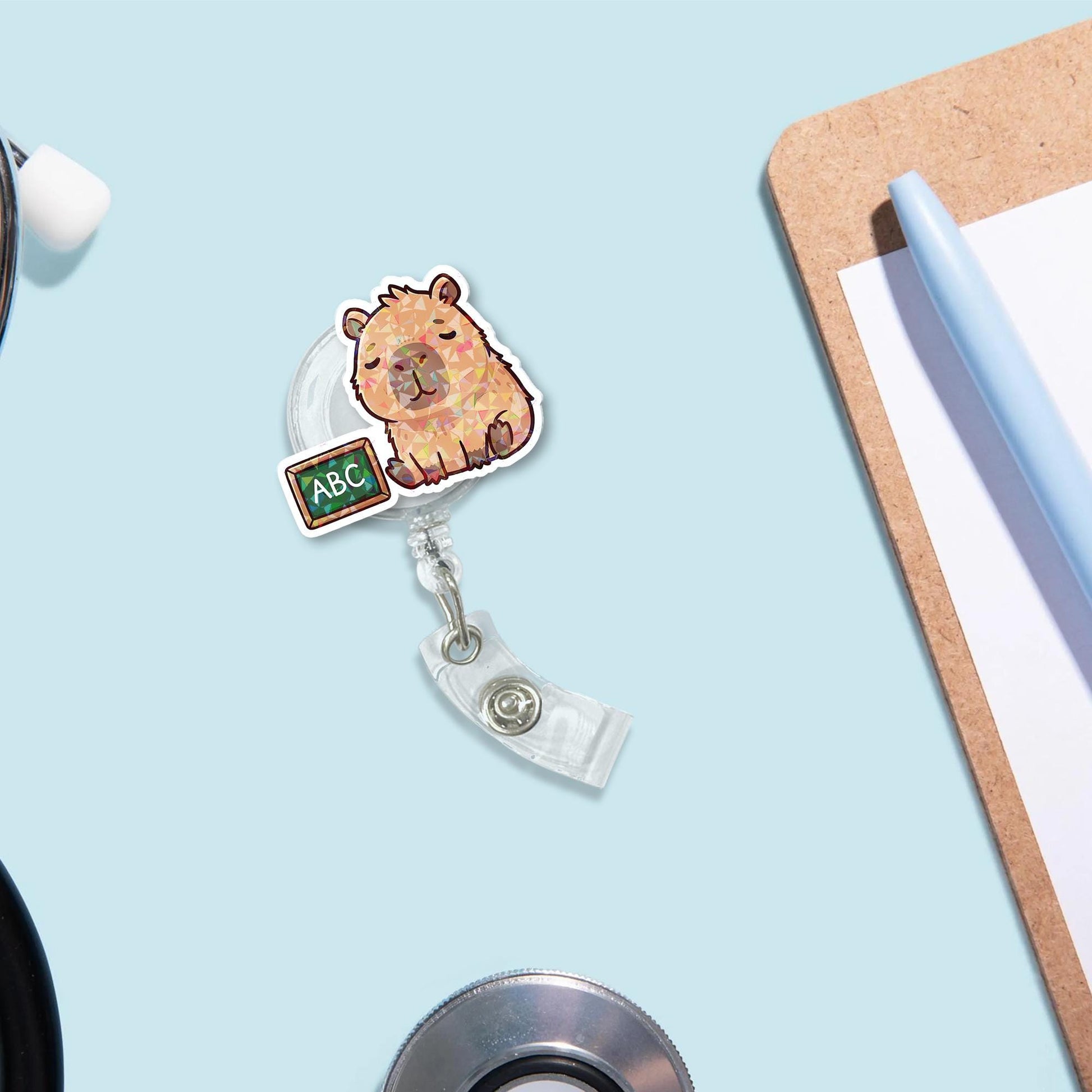Capybara Teacher Badge Reel | Cute Animal ID Holder | ABC Chalkboard Clip | Retractable Reel for Back to School | Teacher Gift Idea