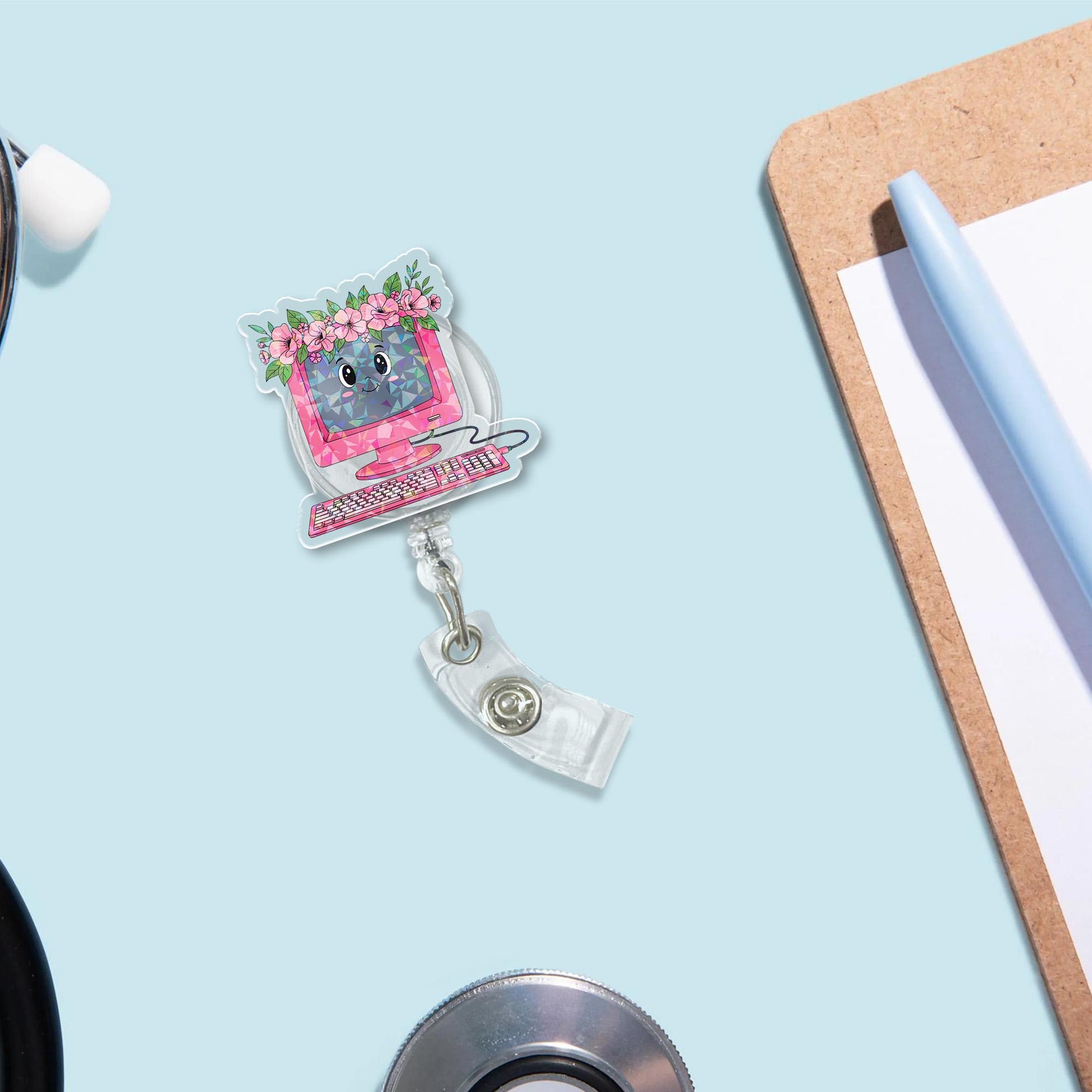 Cute Pink Computer Badge Reel | Floral Monitor ID Holder | Retro Tech Clip for Teachers, Nurses & IT Staff | Fun Office Gift