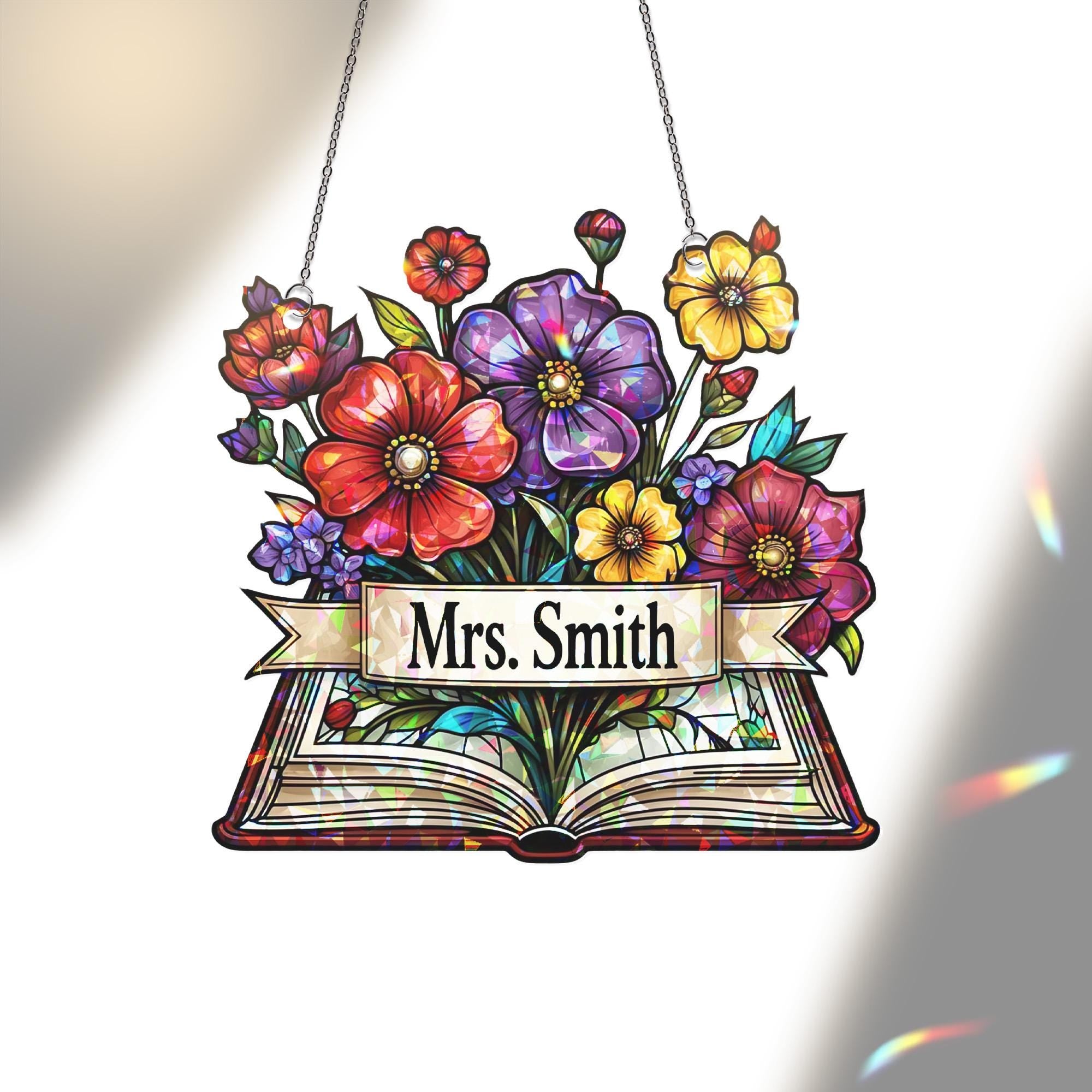 Custom Name Acrylic Window Hanging | Teacher Floral Book Sign | Personalized Classroom Decor Gift for Back to School
