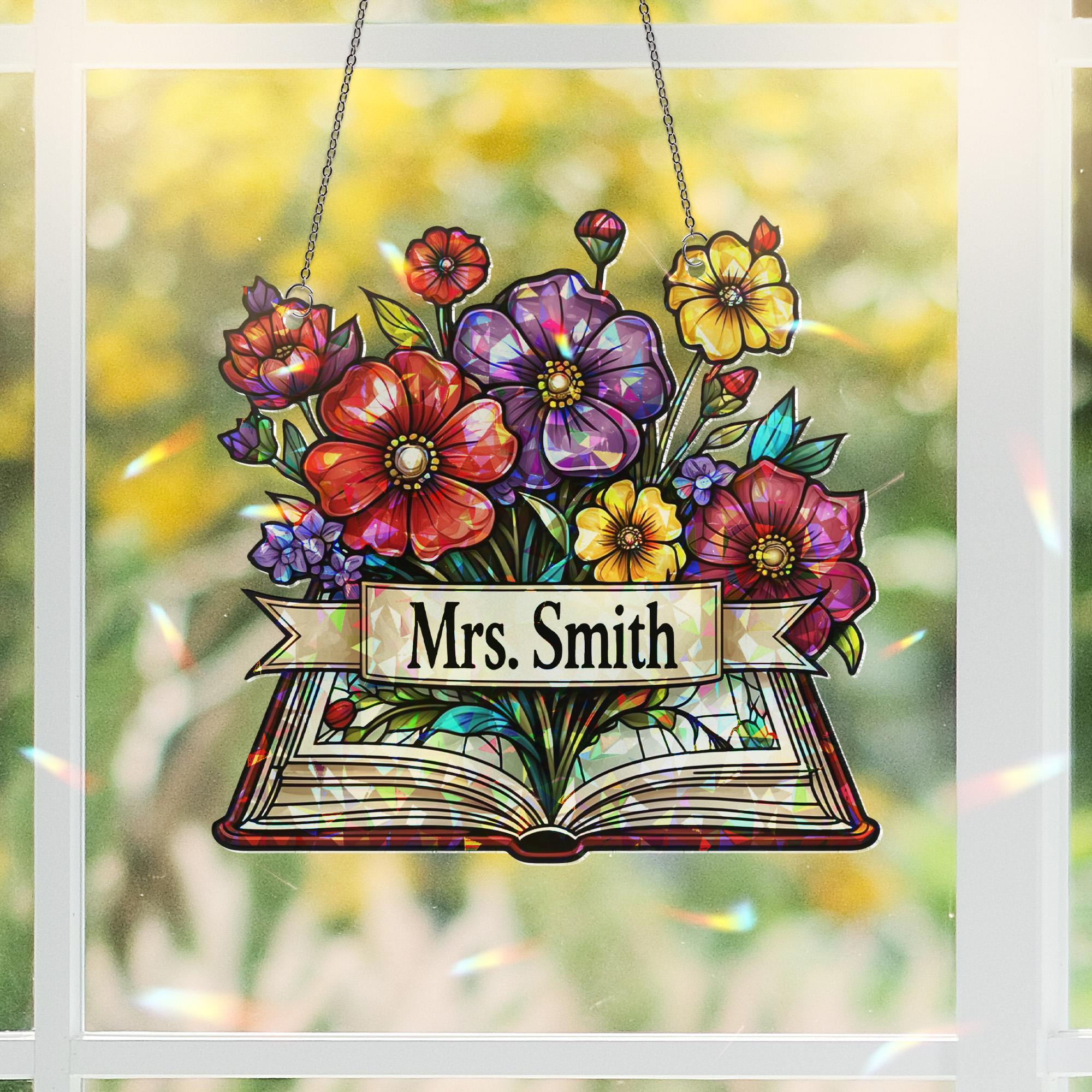 Custom Name Acrylic Window Hanging | Teacher Floral Book Sign | Personalized Classroom Decor Gift for Back to School