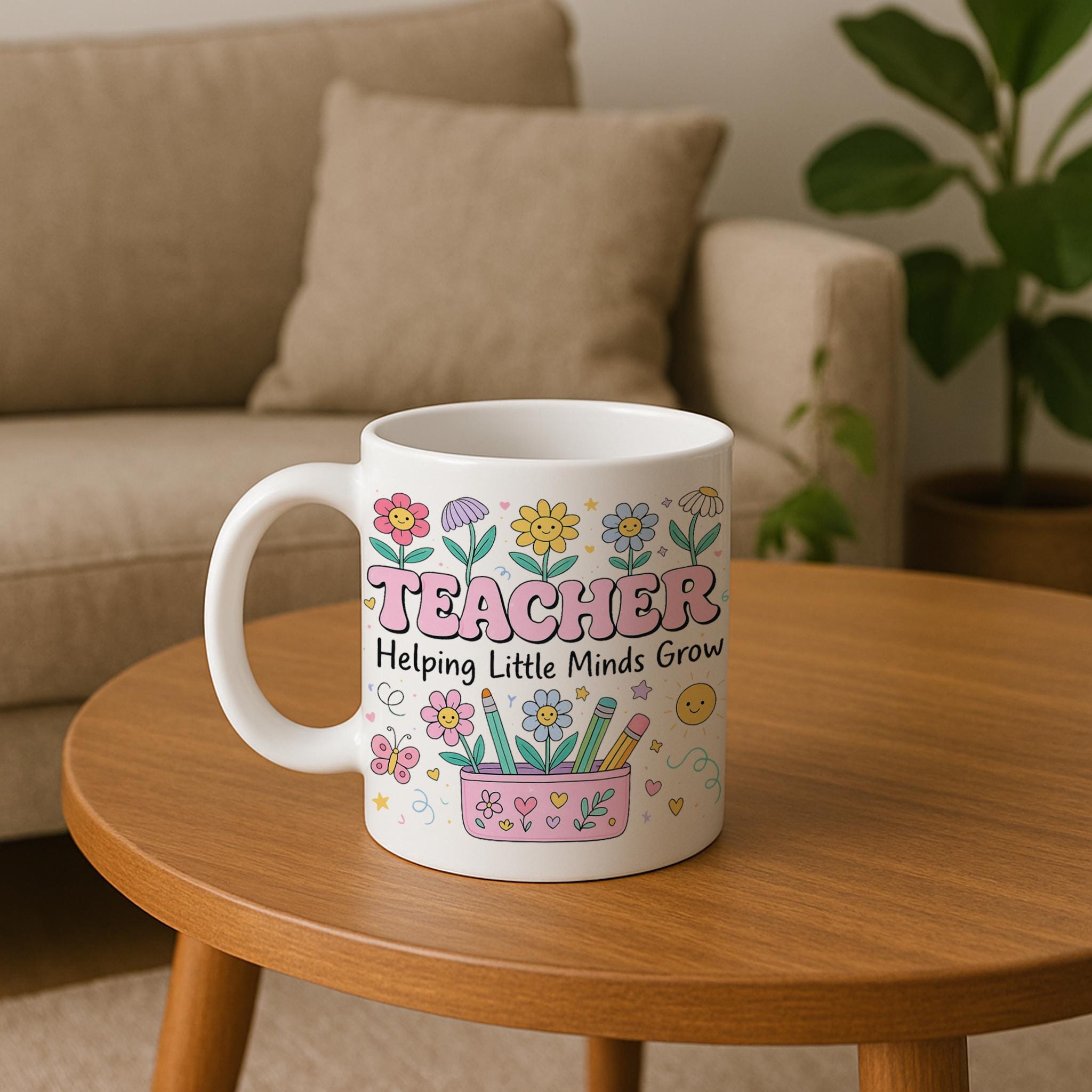 Teacher Mug Helping Little Minds Grow | Back to School Gift for Teachers | Floral Pencil Cup Coffee Cup | Classroom Appreciation Gift