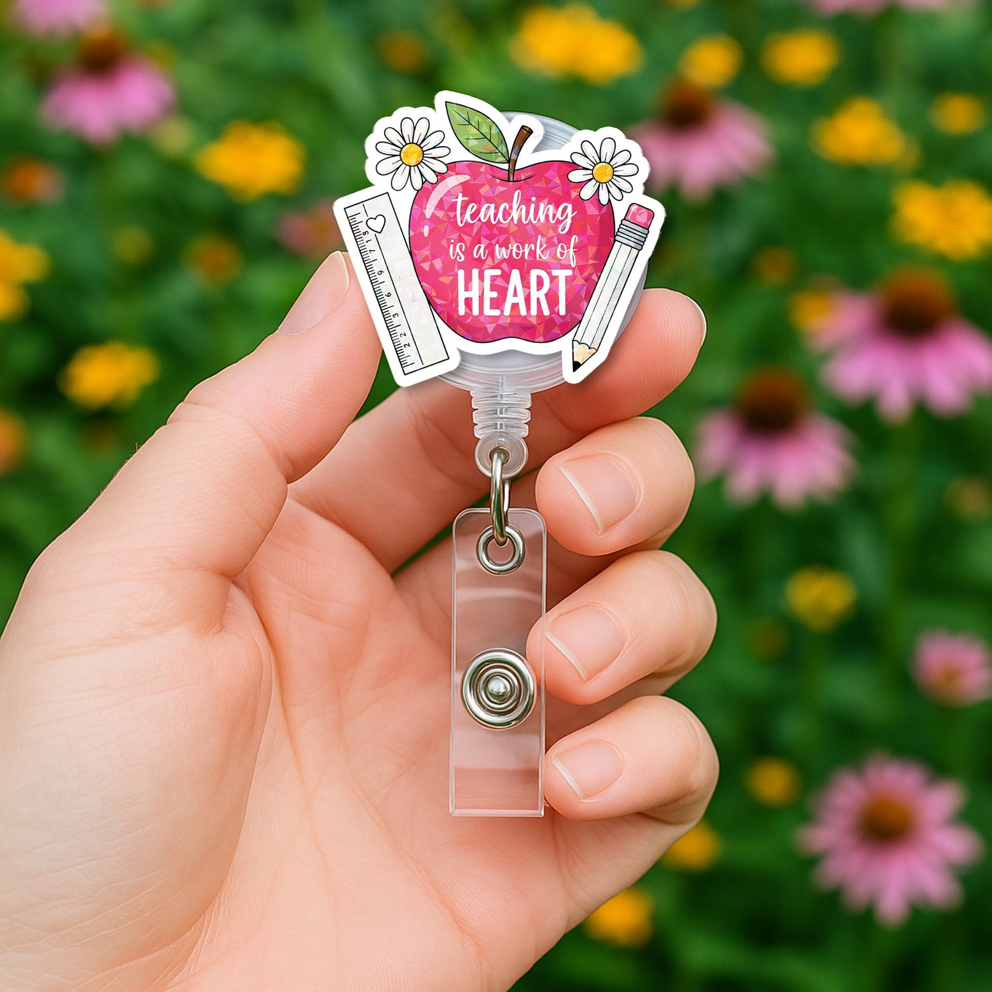 Teaching Is a Work of Heart Badge Reel | Cute Teacher ID Holder | Back to School Teacher Gift | Apple Pencil Daisy Design