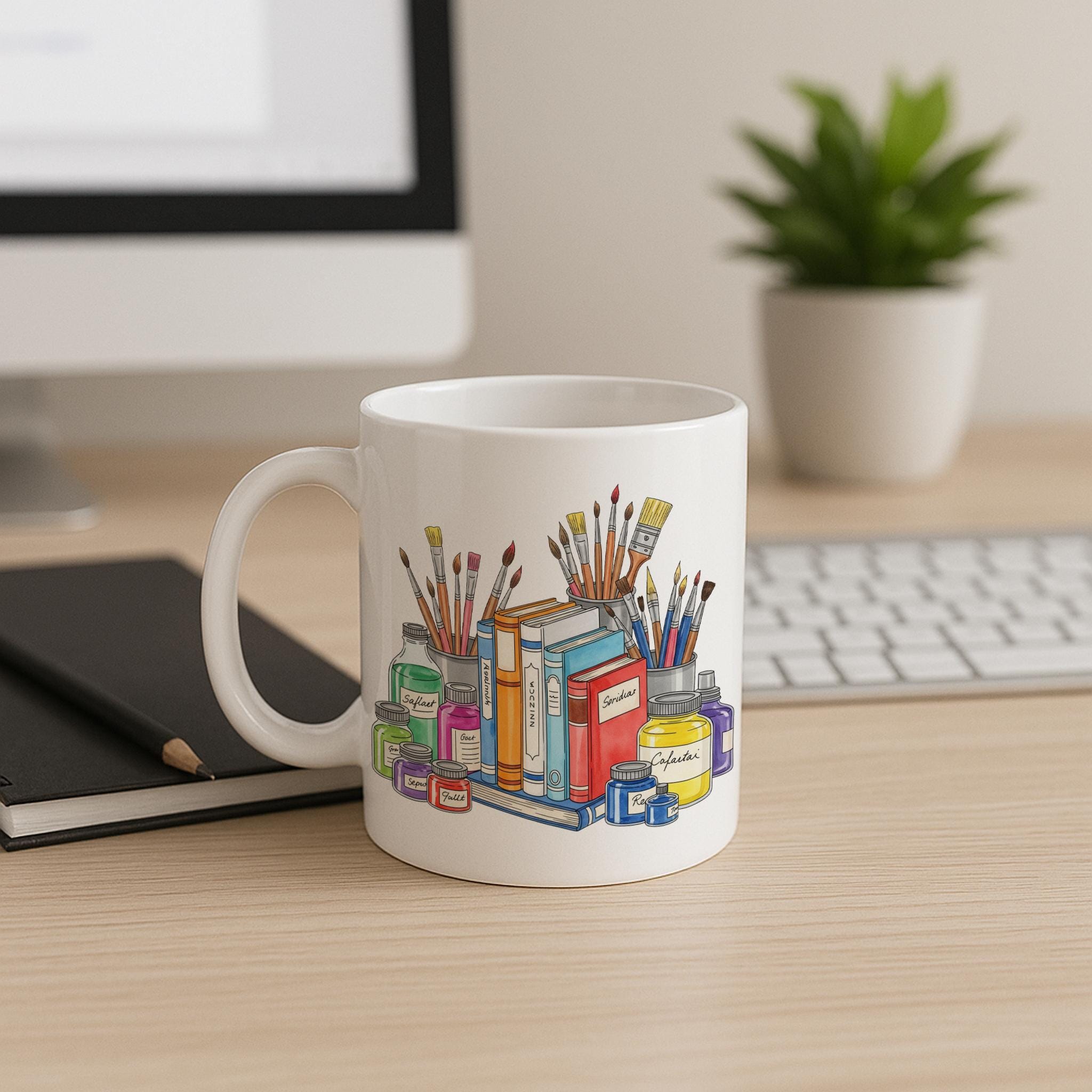 Back to School Art Teacher Mug | Colorful Books & Paint Supplies Coffee Cup | Creative Classroom Gift for Artists and Educators