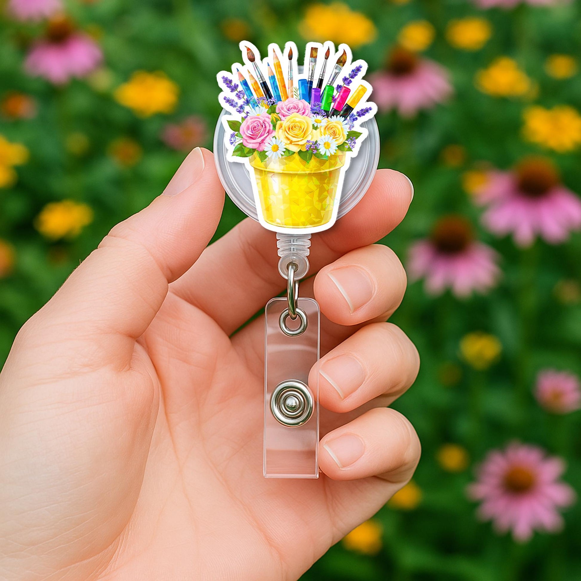 Art Teacher Badge Reel | Floral Paintbrush Holder ID Clip | Back to School Gift for Creative Educators, Artists & Teachers