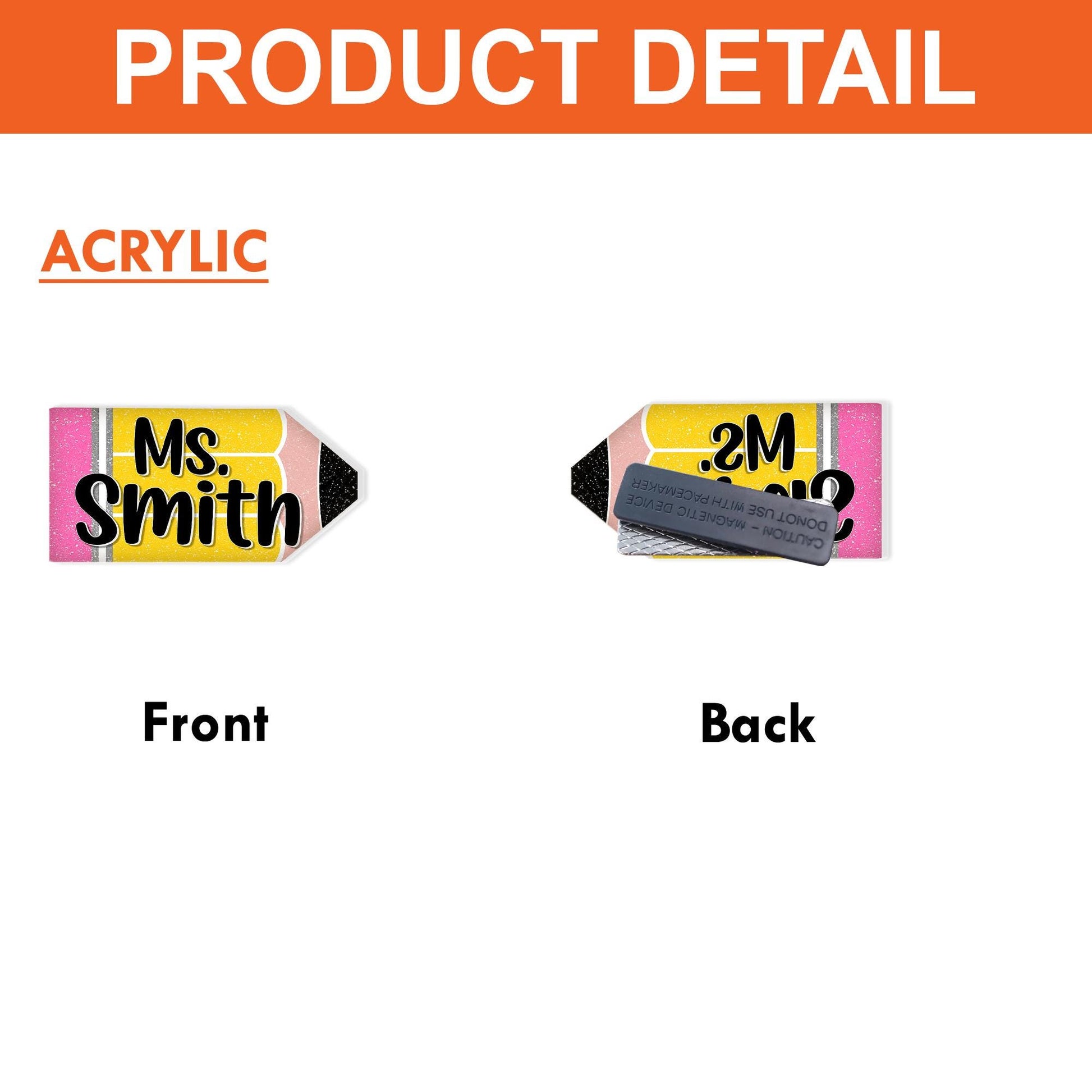 Personalized Pencil Name Tag, Custom Teacher Badge with Magnet Back, Cute Glitter Acrylic ID for Classroom, Back to School Gift, Teacher Tag