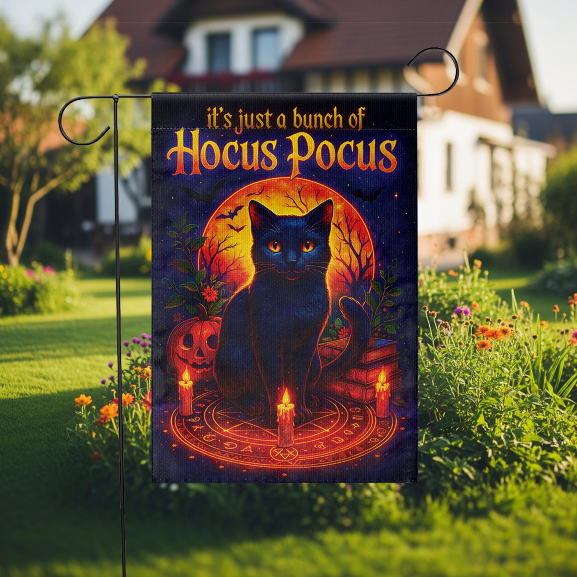 Hocus Pocus Garden Flag, Black Cat Halloween Decor, Thackery Binx Witchy Yard Art, Spooky Outdoor Banner, Just a Bunch of Hocus Pocus