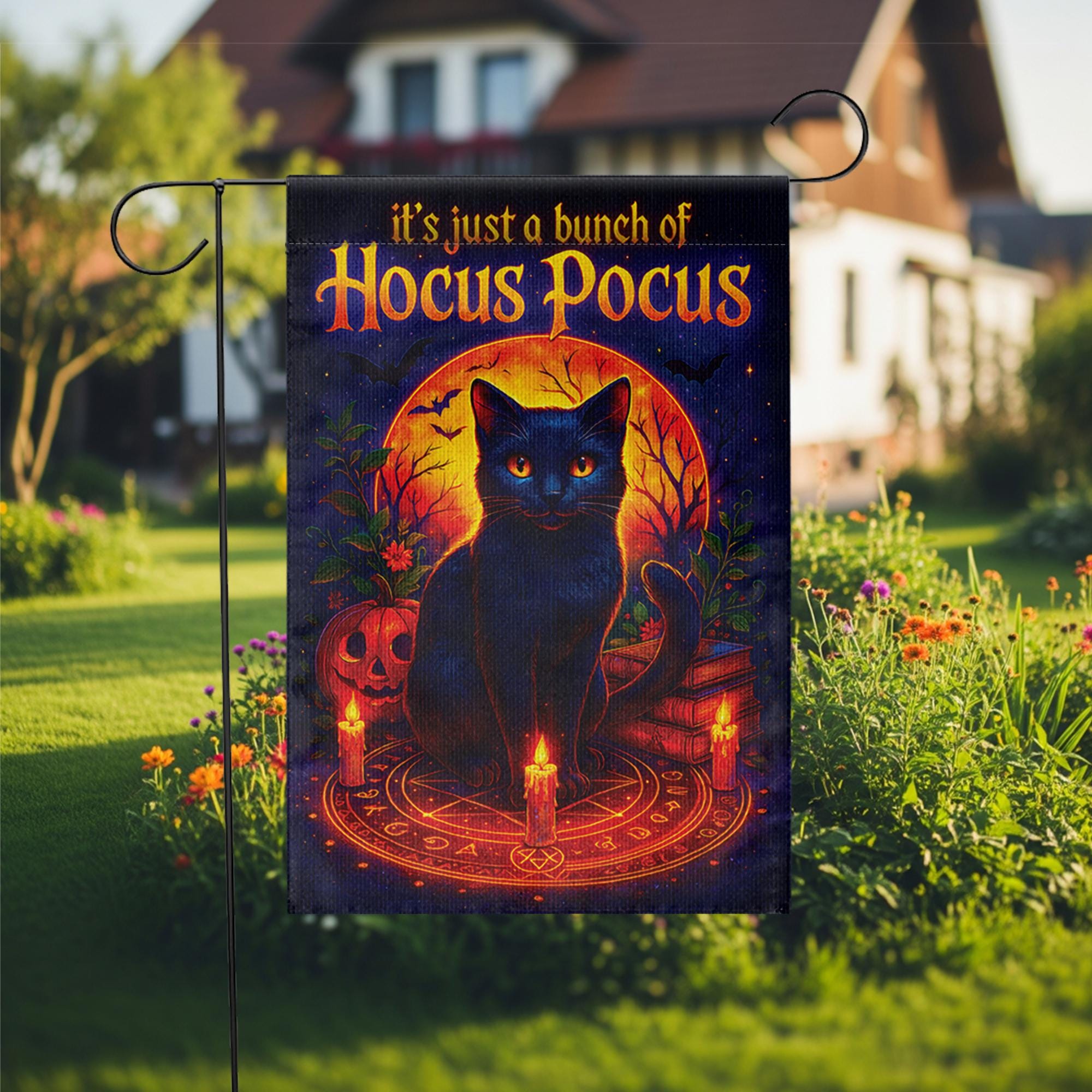 Hocus Pocus Garden Flag, Black Cat Halloween Decor, Thackery Binx Witchy Yard Art, Spooky Outdoor Banner, Just a Bunch of Hocus Pocus