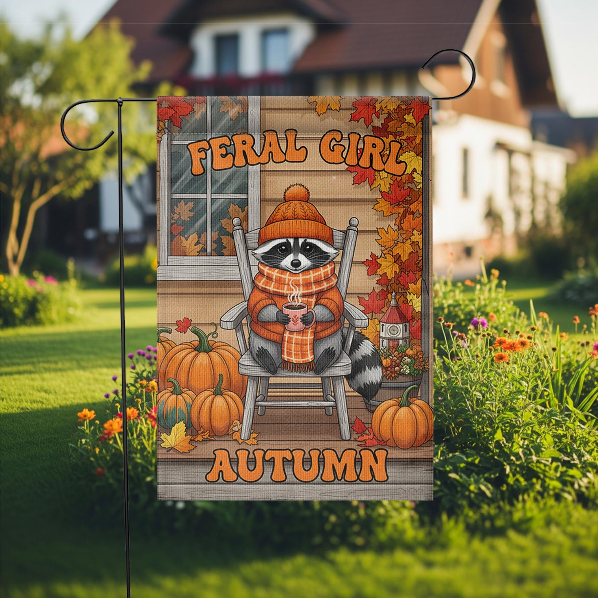 Feral Girl Autumn Garden Flag, Funny Raccoon Porch Decor, Cozy Fall Welcome Banner, Cute Seasonal Yard Art, Housewarming Gift for Her