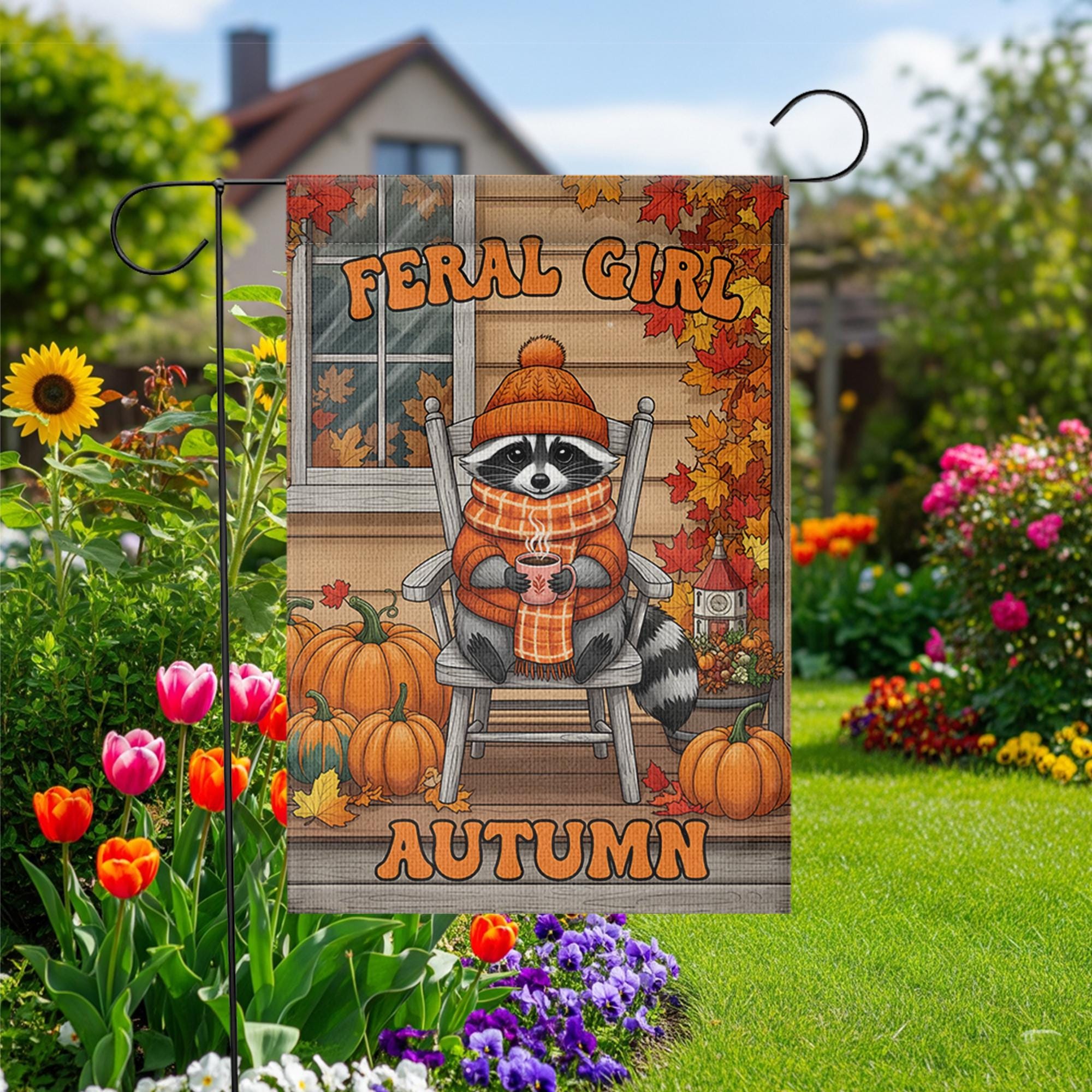 Feral Girl Autumn Garden Flag, Funny Raccoon Porch Decor, Cozy Fall Welcome Banner, Cute Seasonal Yard Art, Housewarming Gift for Her
